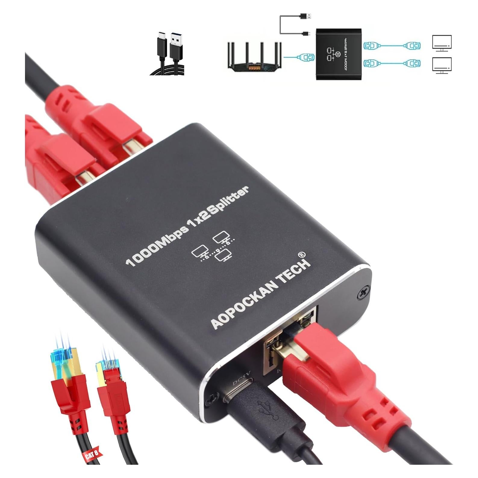 Divisor Ethernet 1 a 2 AOPOCKAN 1000Mbps con Cable Cat8 0.46m