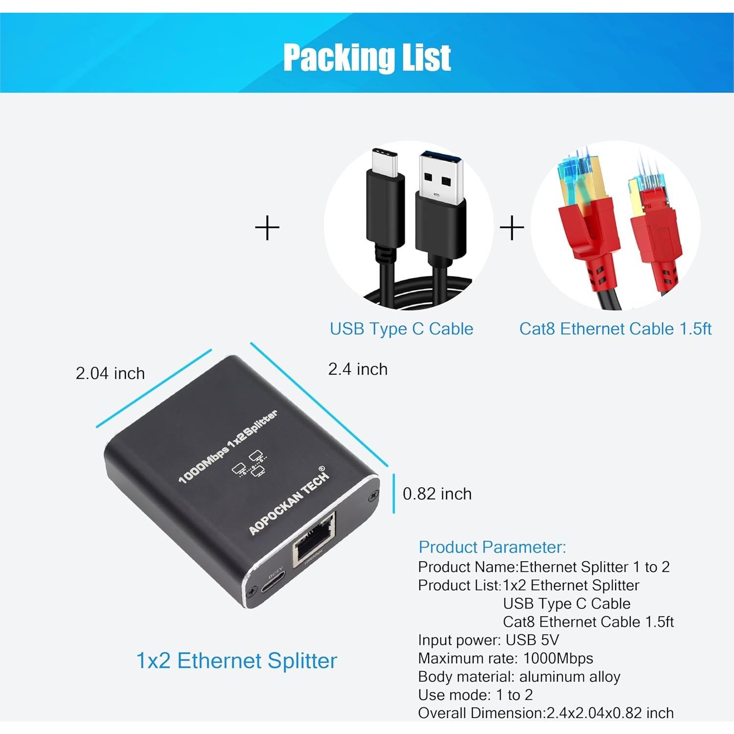 Divisor Ethernet 1 a 2 AOPOCKAN 1000Mbps con Cable Cat8 0.46m
