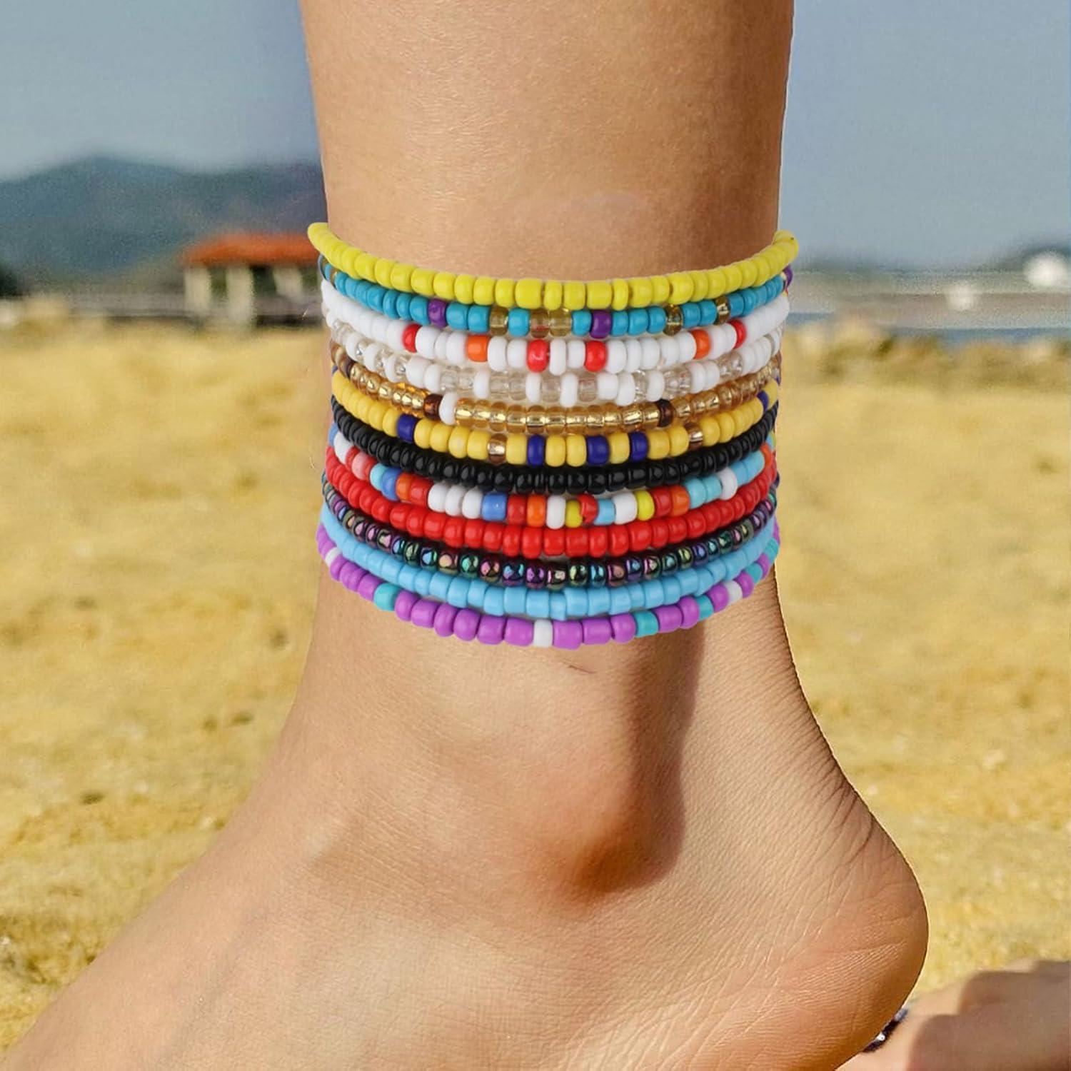Conjunto 12 Pulseras de Tobillo Elásticas Boho Coloridas para Mujeres