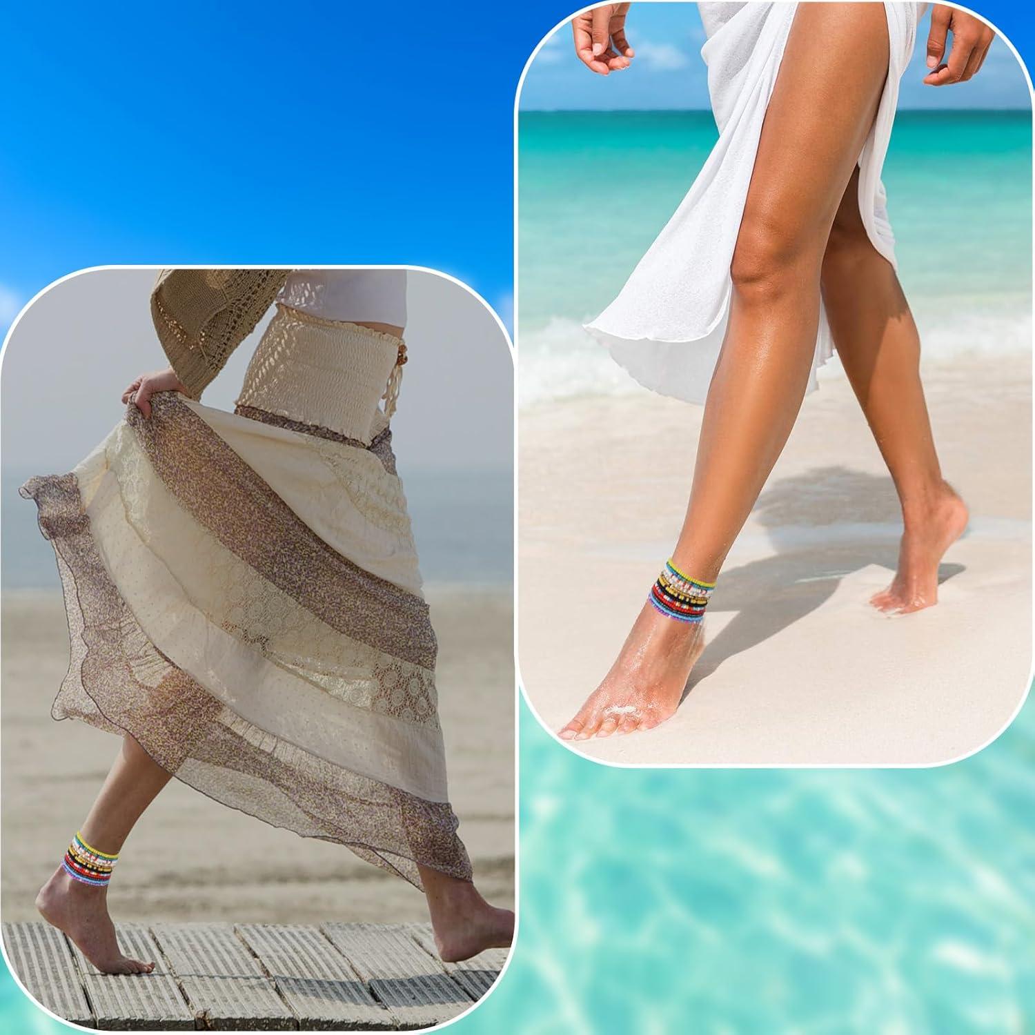 Conjunto 12 Pulseras de Tobillo Elásticas Boho Coloridas para Mujeres