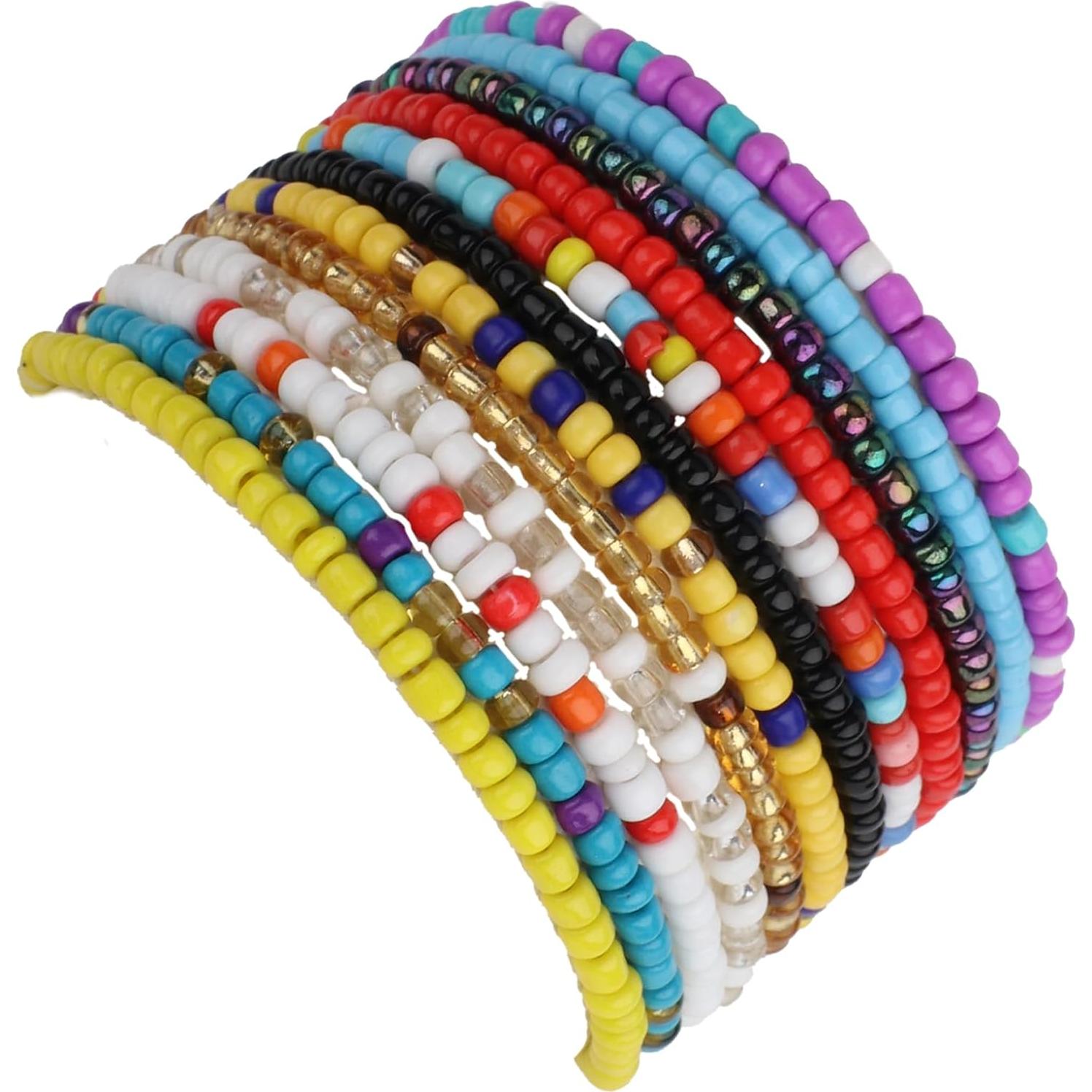 Conjunto 12 Pulseras de Tobillo Elásticas Boho Coloridas para Mujeres