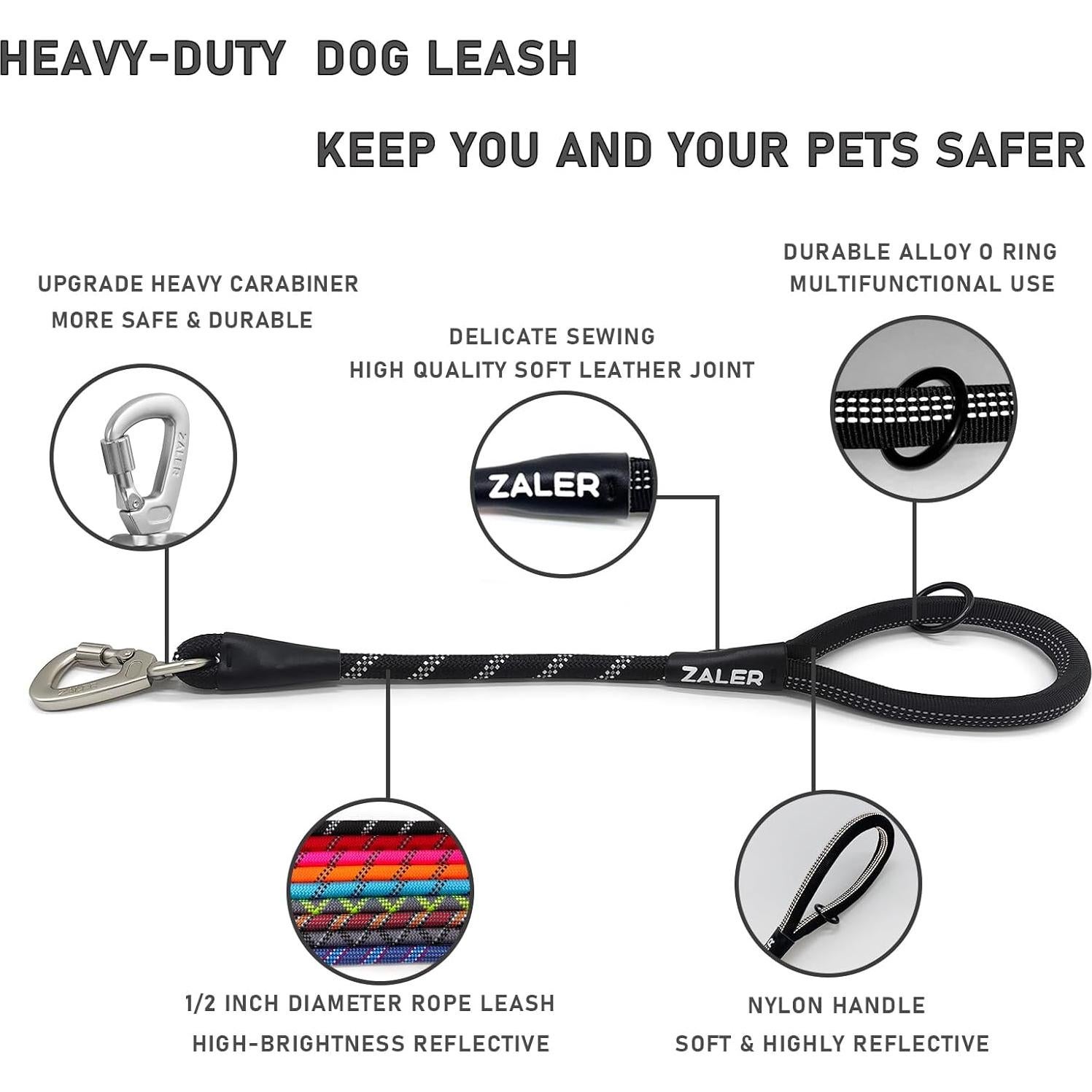 Correa Corta para Perros ZALER 45.72 cm Reflectante Negra