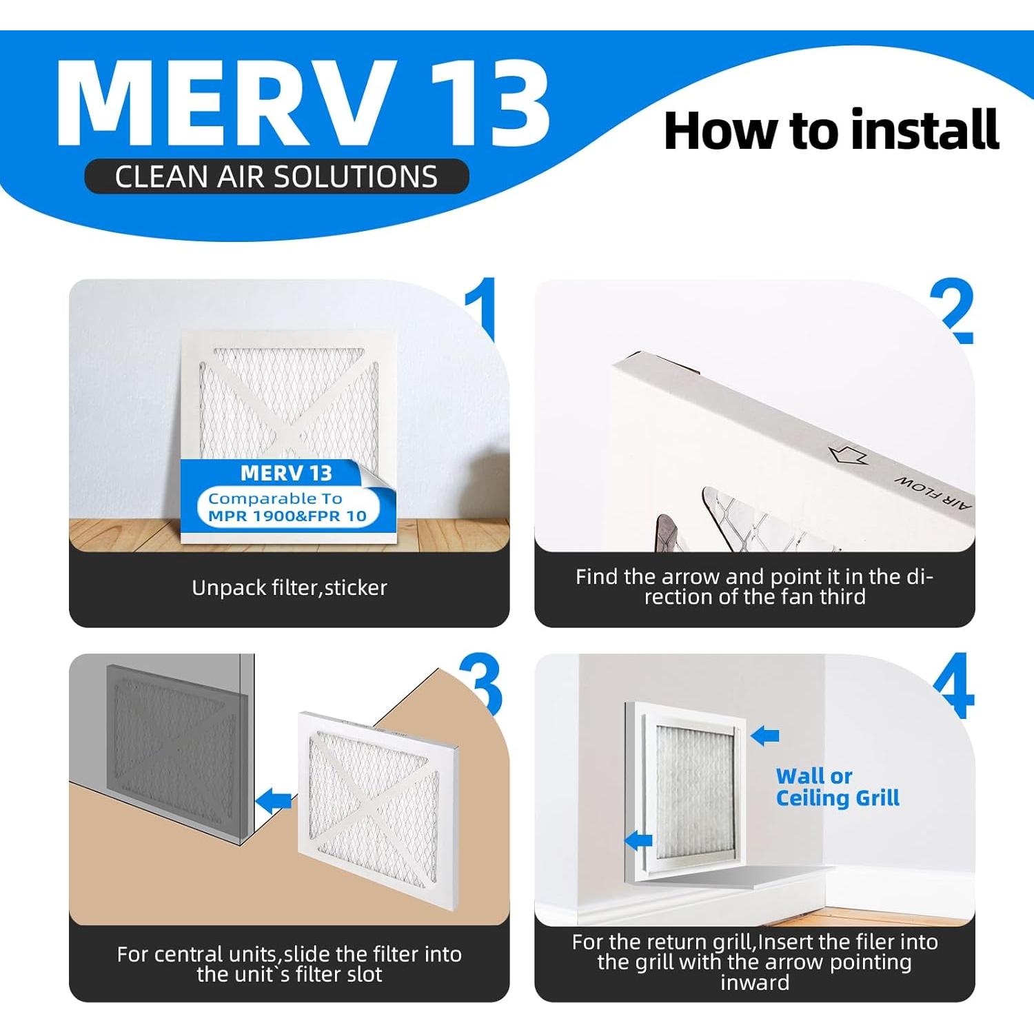 Filtros de Aire Plisados Chenzhit 10x10x1 MERV 13 4-Pack