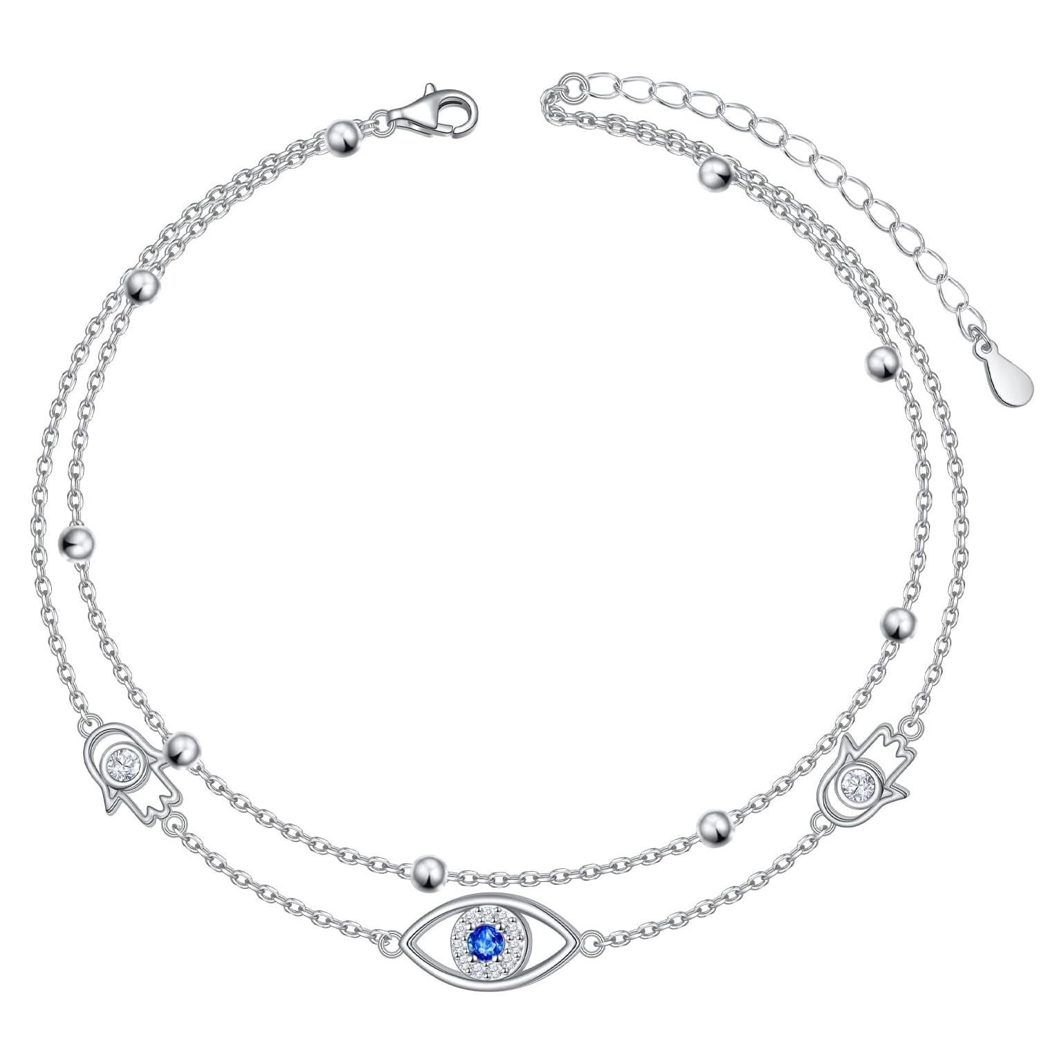 Tobilleras de Plata Esterlina 925 para Mujeres Ojo Maligno Ajustable