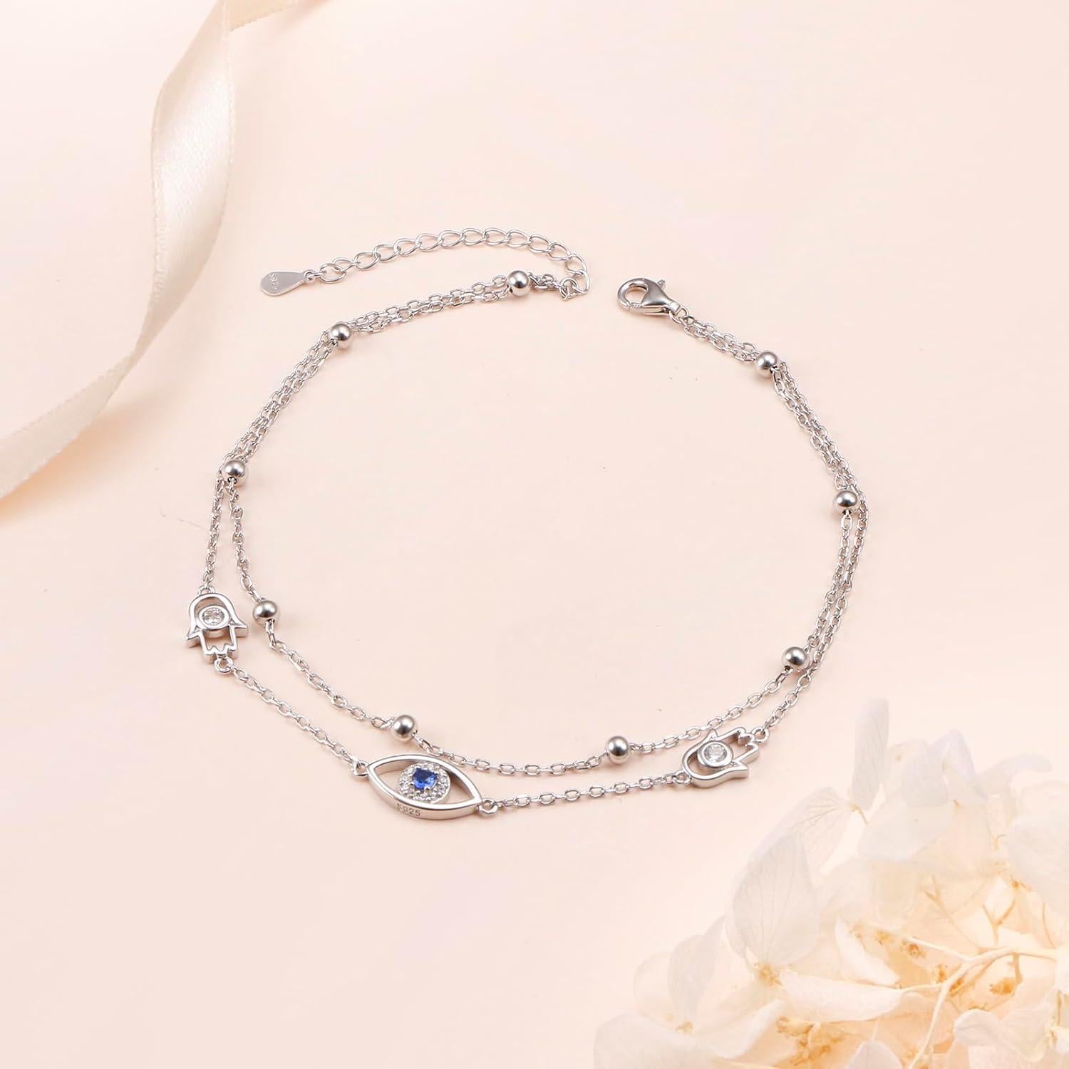 Tobilleras de Plata Esterlina 925 para Mujeres Ojo Maligno Ajustable