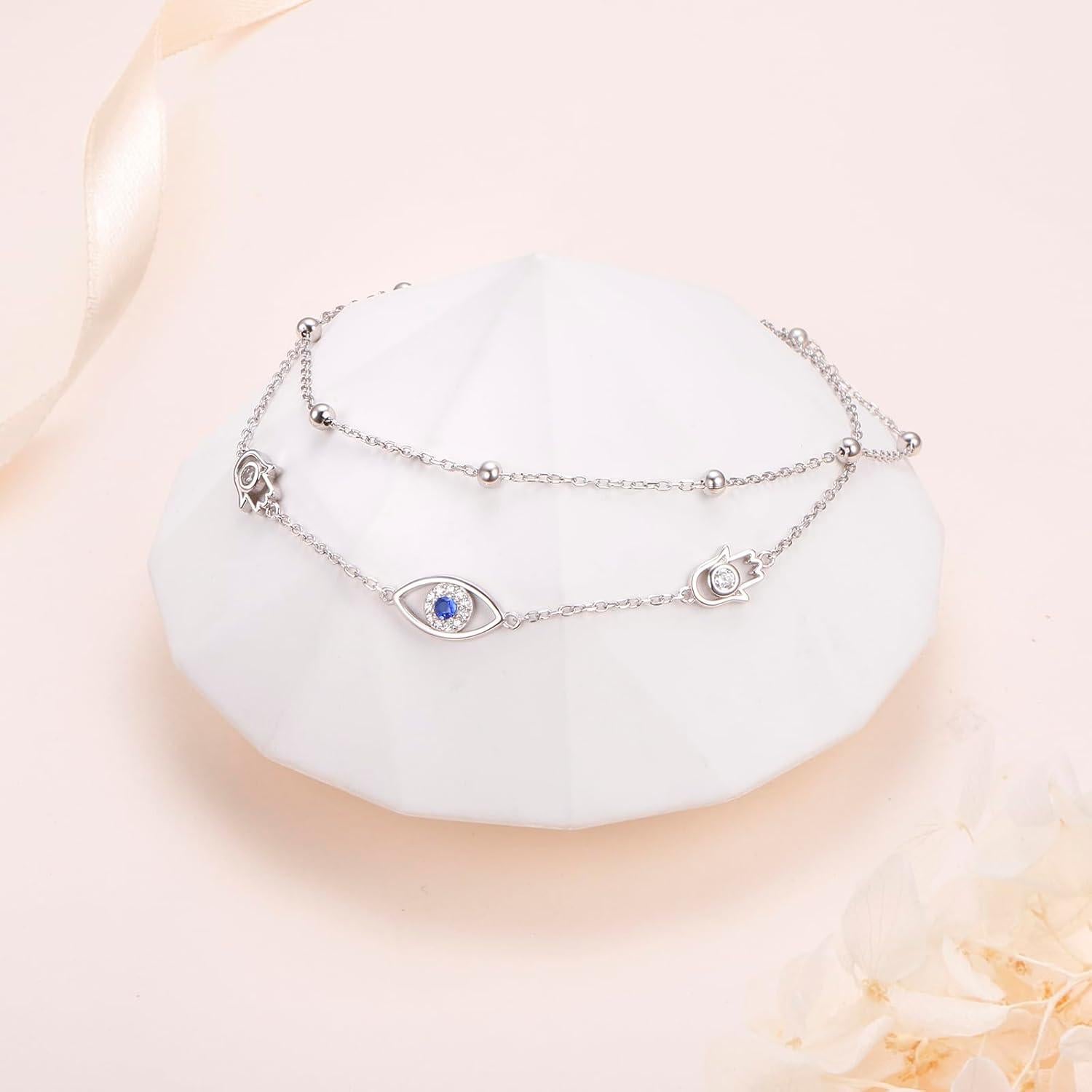 Tobilleras de Plata Esterlina 925 para Mujeres Ojo Maligno Ajustable