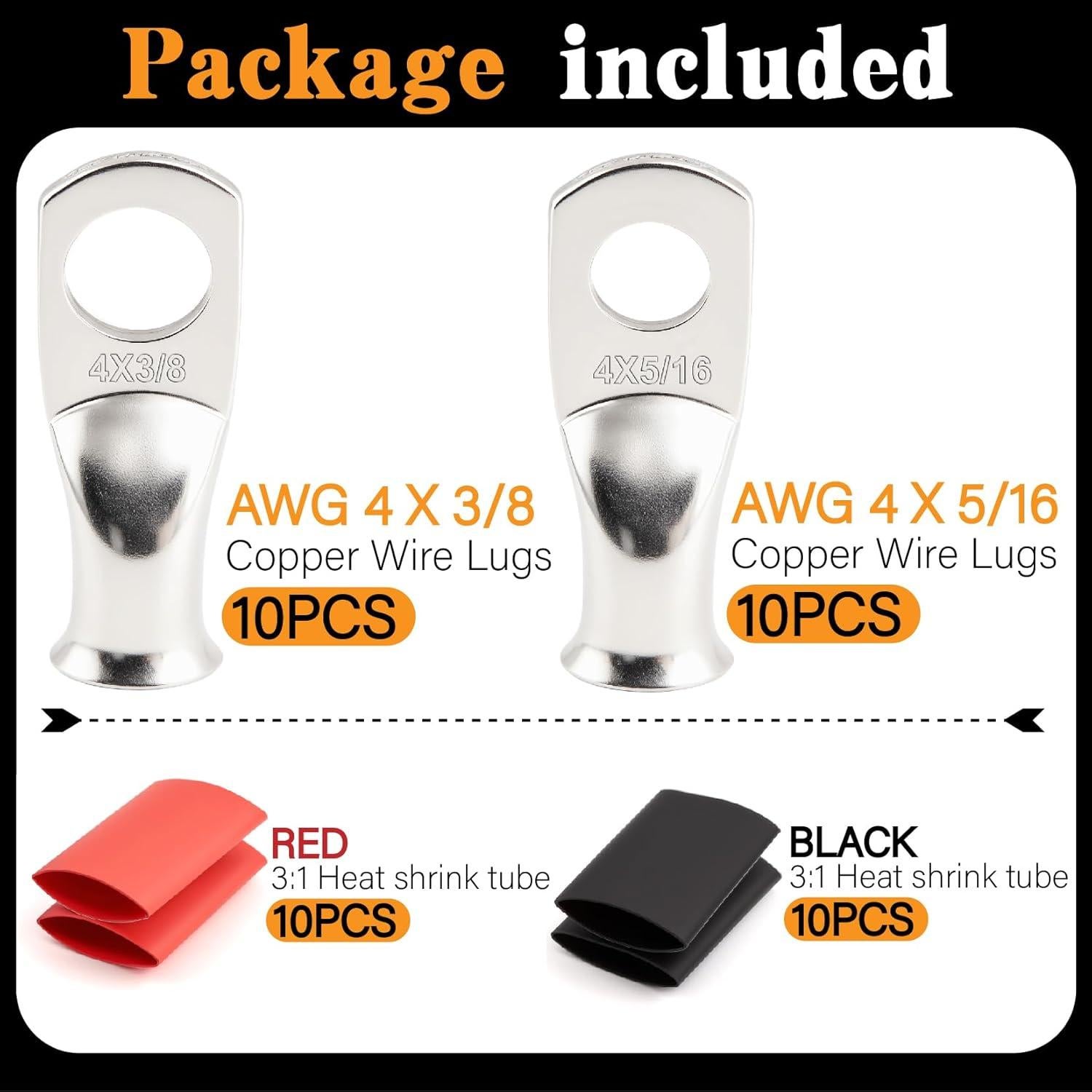 Kit 20 Terminales de Batería 4 AWG Cobre Estañado + Tubo Termocontraíble