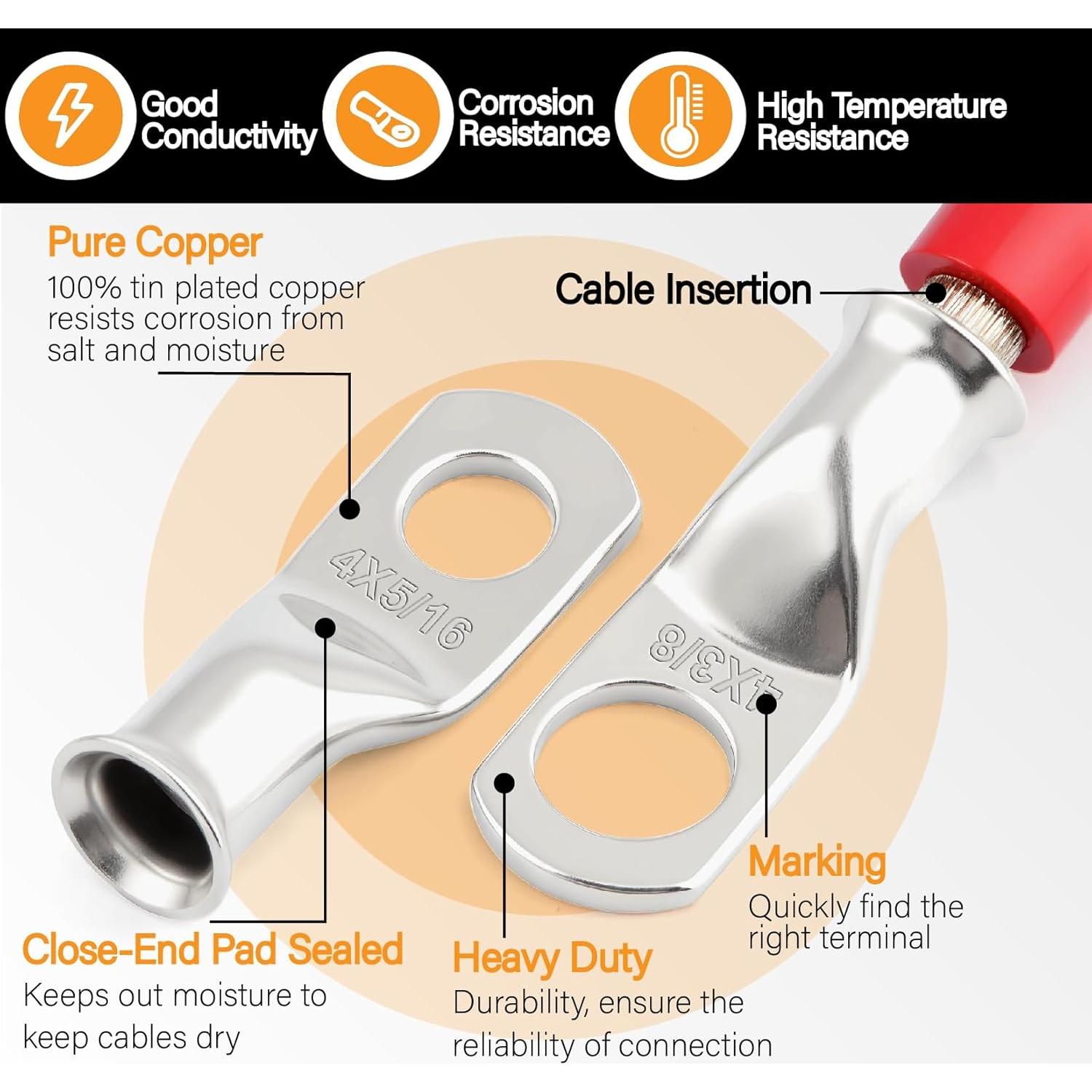 Kit 20 Terminales de Batería 4 AWG Cobre Estañado + Tubo Termocontraíble