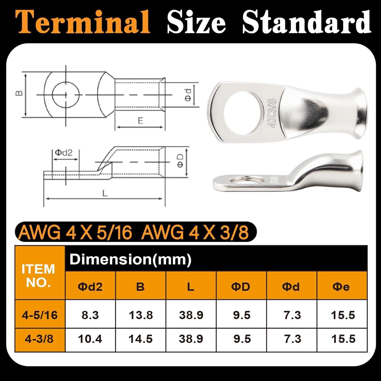 Kit 20 Terminales de Batería 4 AWG Cobre Estañado + Tubo Termocontraíble