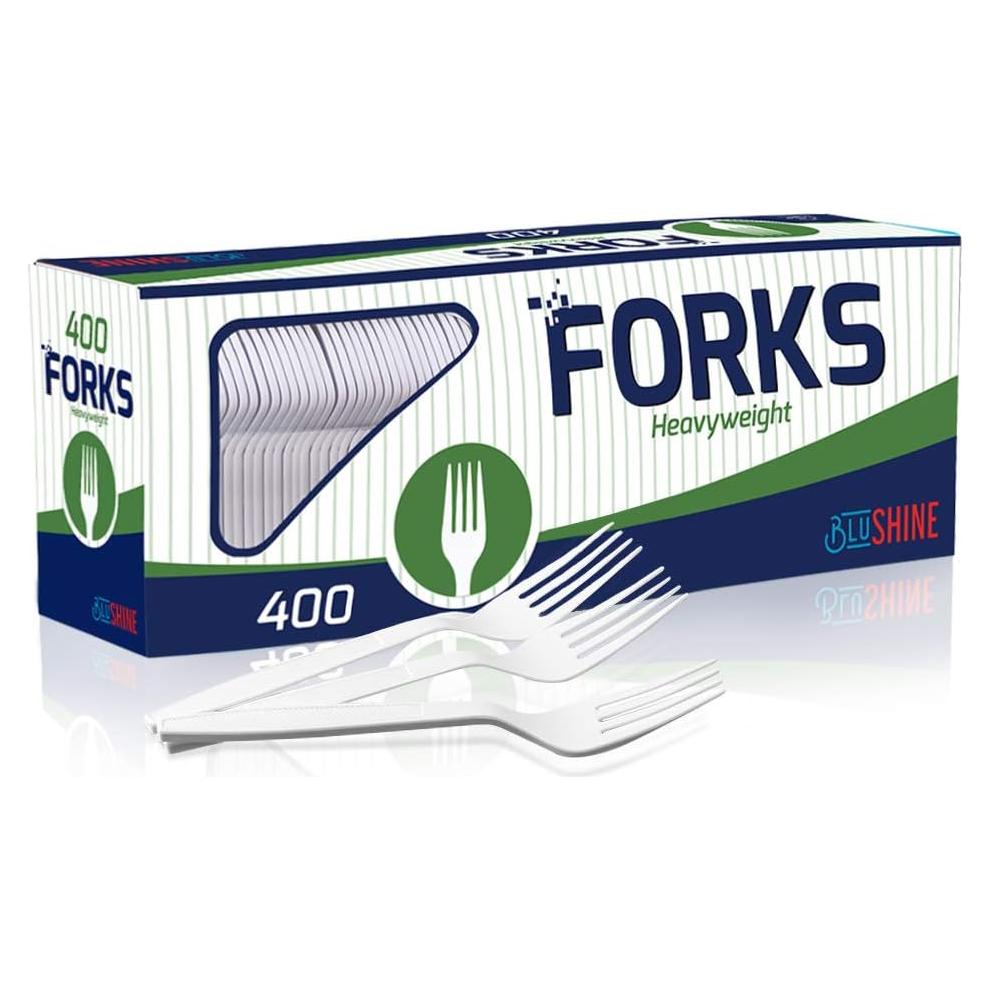 400 Tenedores Desechables BluShine Plástico Blanco Extra Pesado
