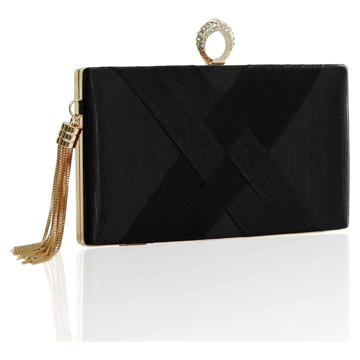 Bolso de mano de noche para mujer con borla y diamantes - Negro