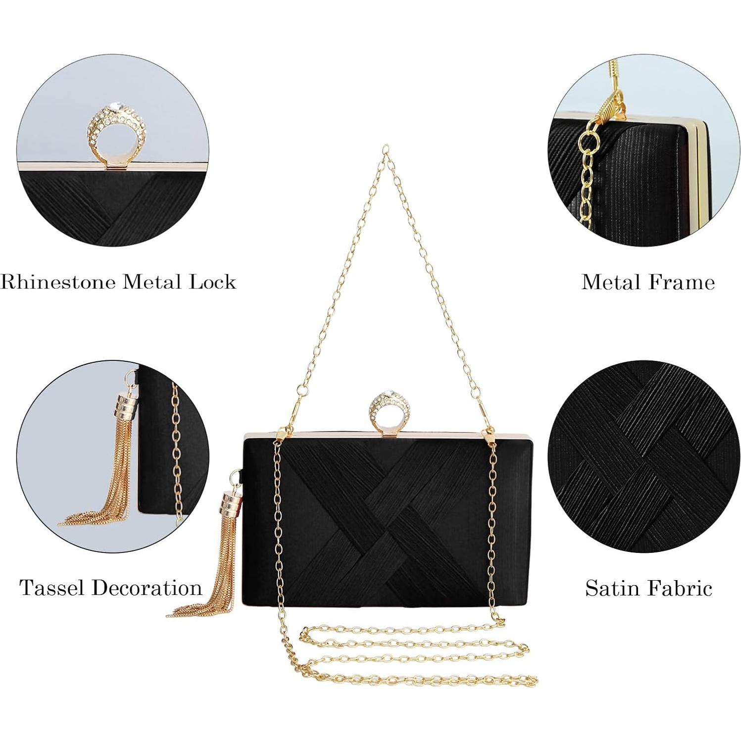 Bolso de mano de noche para mujer con borla y diamantes - Negro