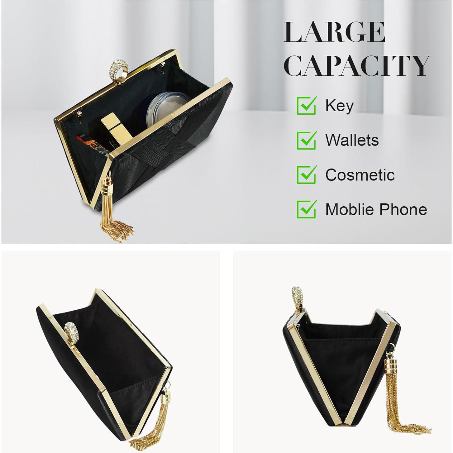 Bolso de mano de noche para mujer con borla y diamantes - Negro