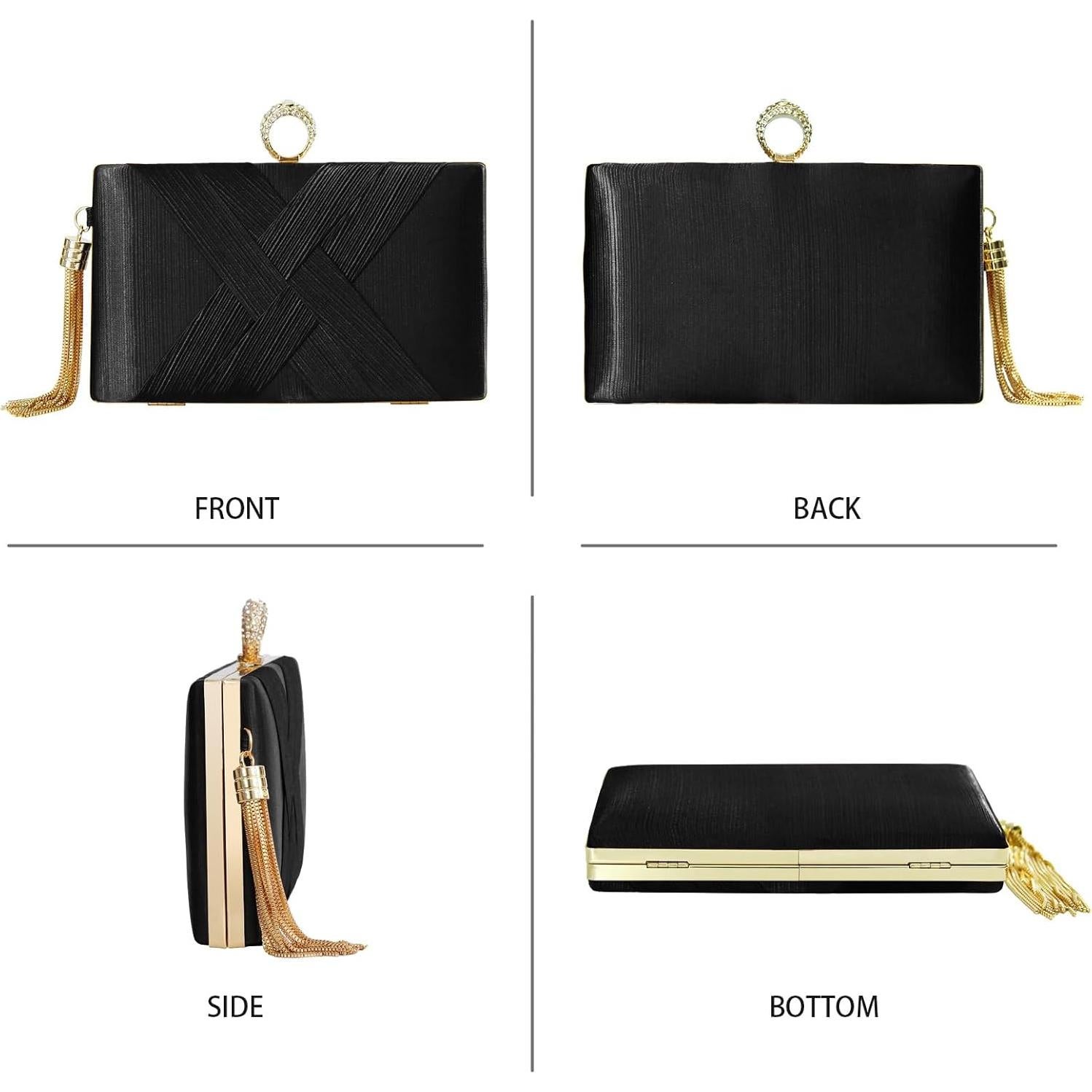 Bolso de mano de noche para mujer con borla y diamantes - Negro