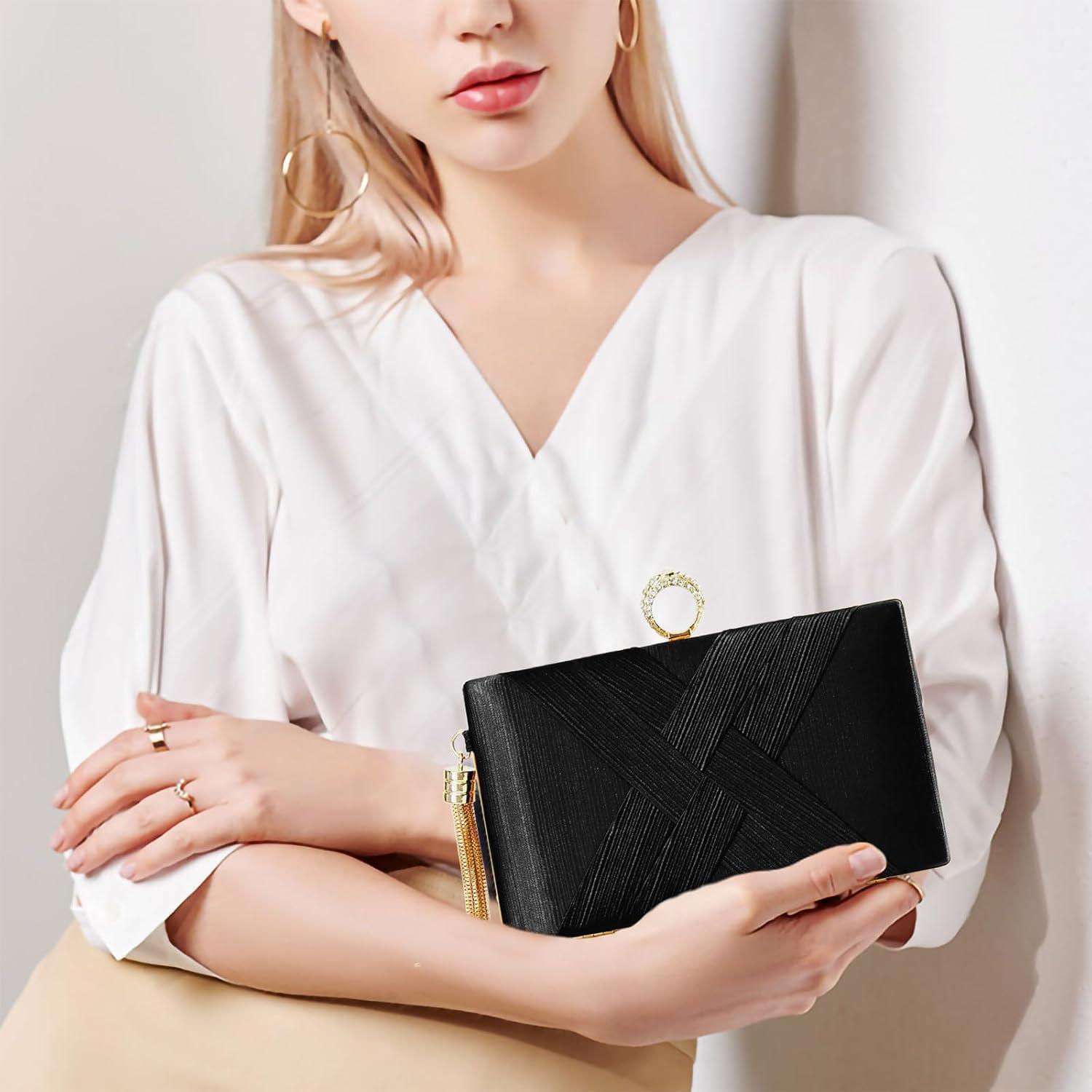 Bolso de mano de noche para mujer con borla y diamantes - Negro