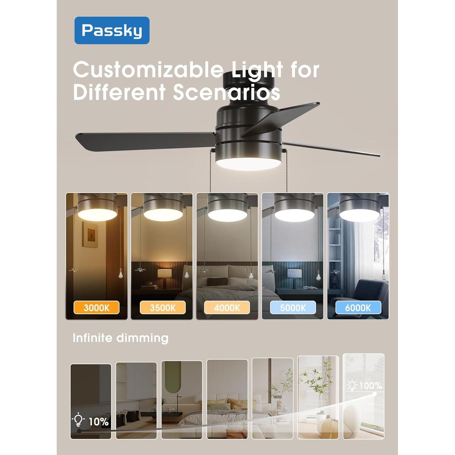 Ventilador de Techo Passky 106.68cm con Luz y Control Remoto