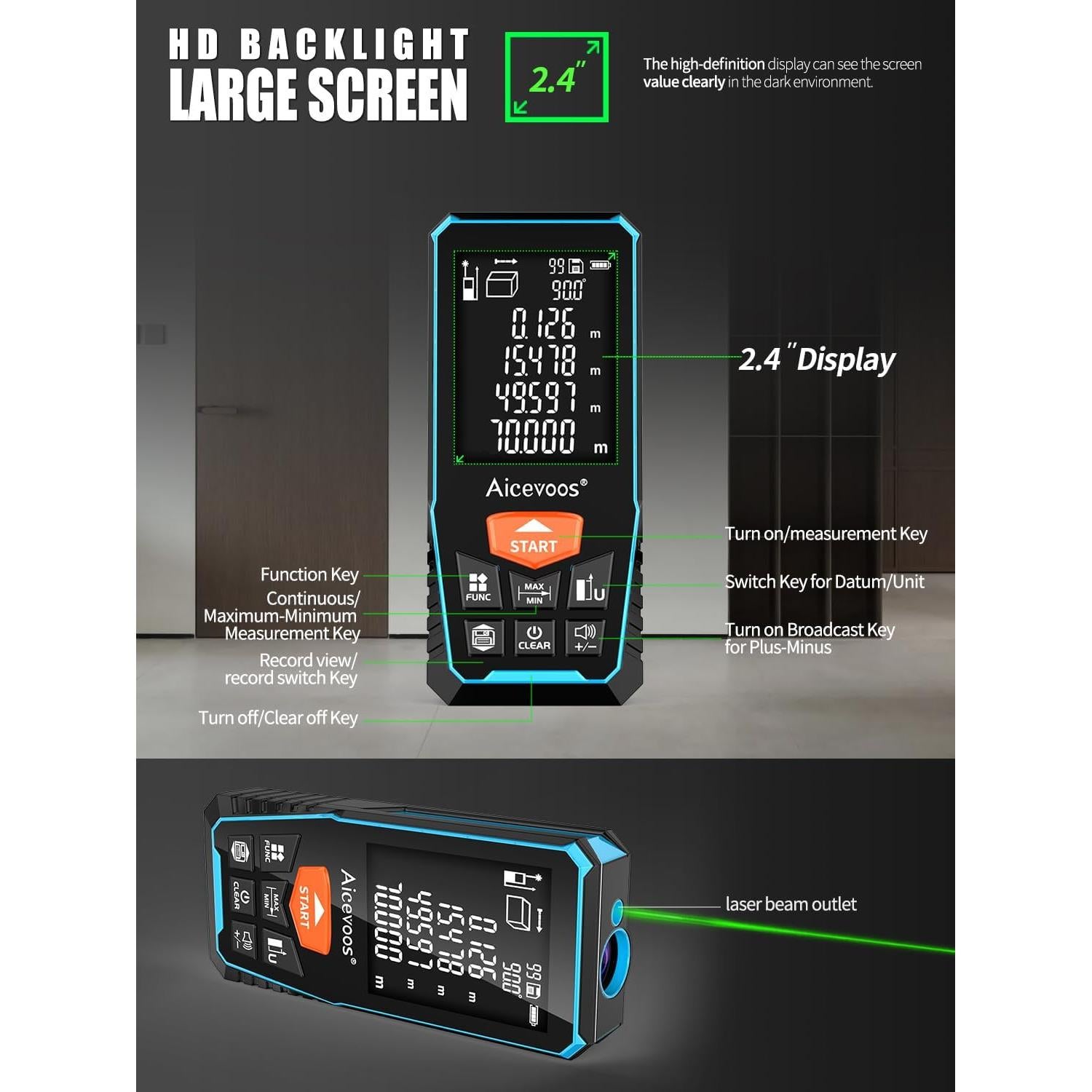 Medidor Láser Aicevoos S7G-120 69.8m Pantalla Retroiluminada