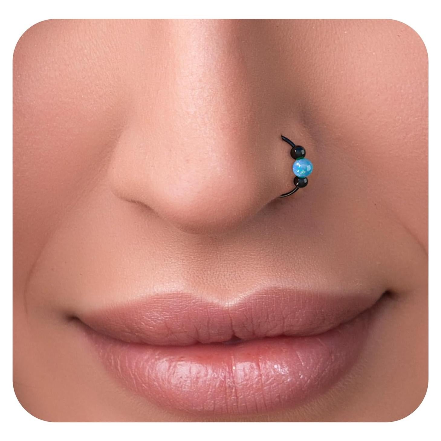 Anillo de Nariz Negro Jolliz de Plata 925 con Ópalo Azul 7mm