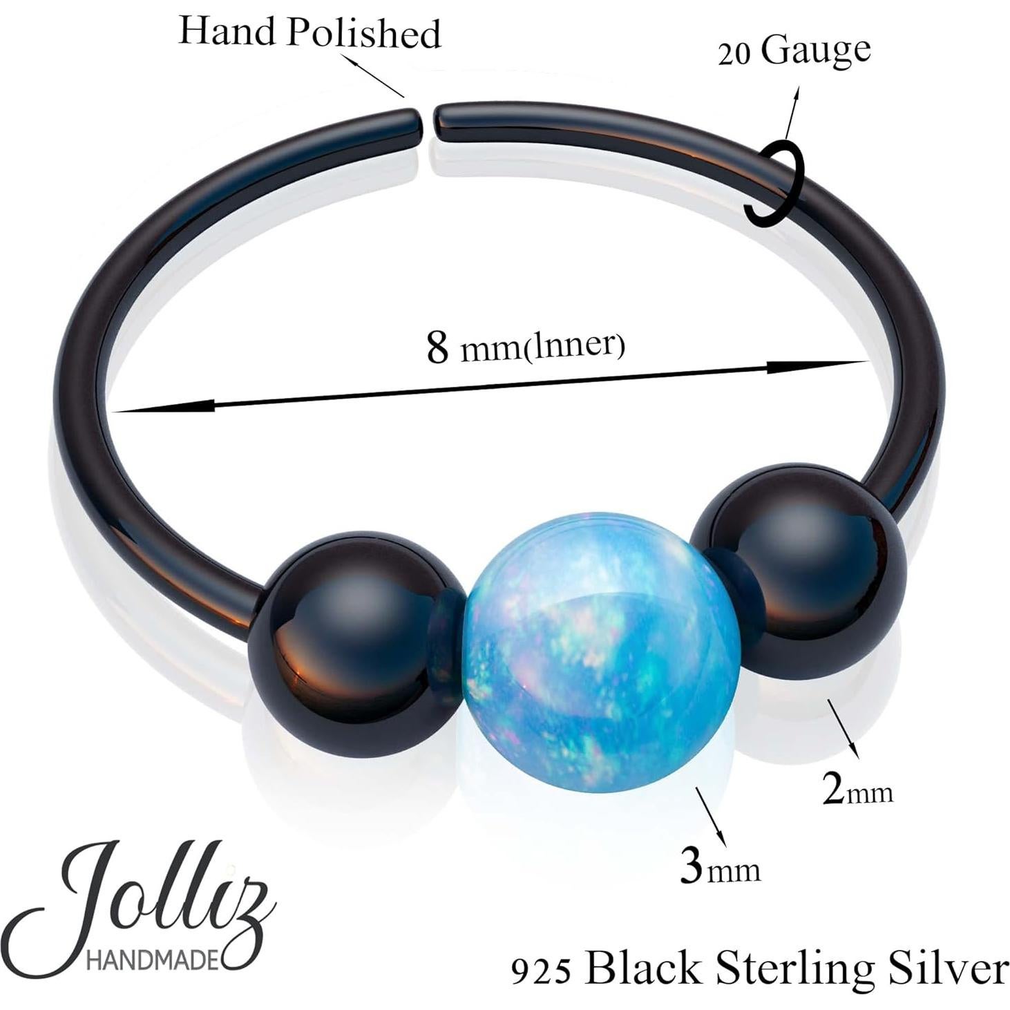 Anillo de Nariz Negro Jolliz de Plata 925 con Ópalo Azul 7mm