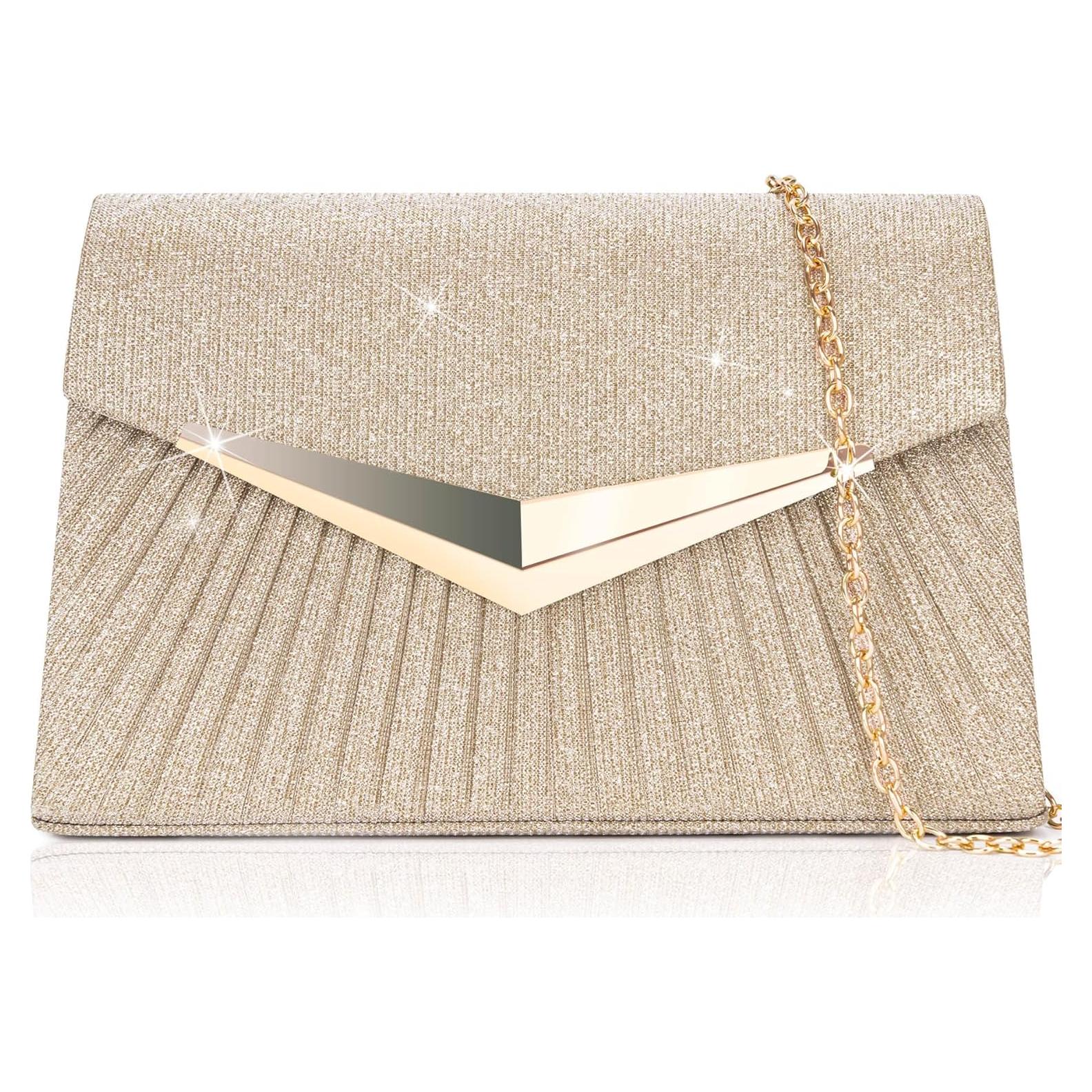 Bolso de Noche Plisado Larcenciel Champagne con Lentejuelas