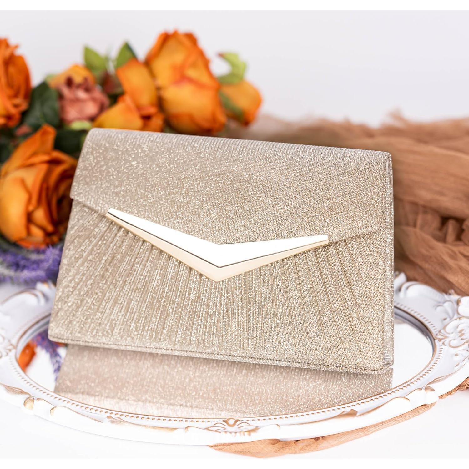 Bolso de Noche Plisado Larcenciel Champagne con Lentejuelas