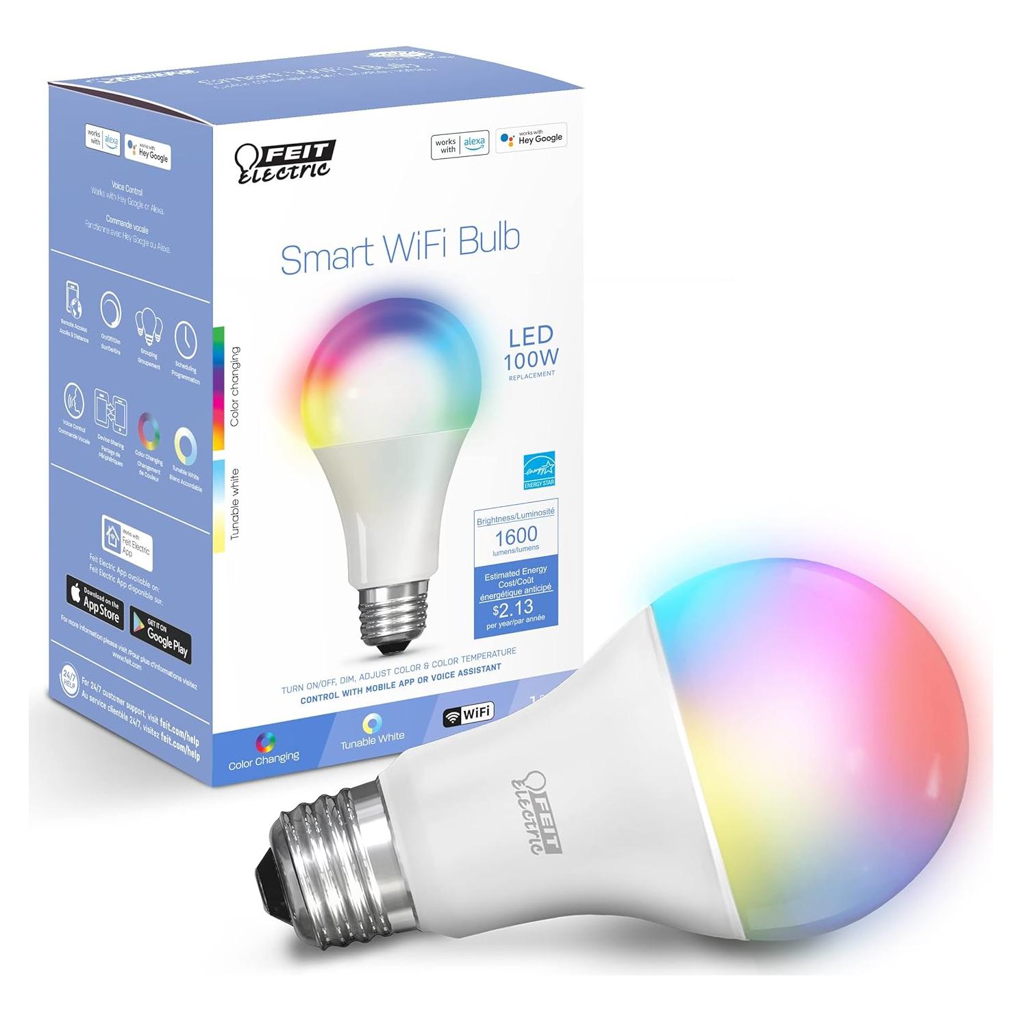 Feit Electric Smart Bulb, 100W Equivalent Color Changing and Tunable White, 2.4Ghz Wifi light bulb, No Hub Needed, Works with Alexa and Google Assistant, High CRI Dimmable LED OM100/RGBW/CA/AG, 1 Pack
