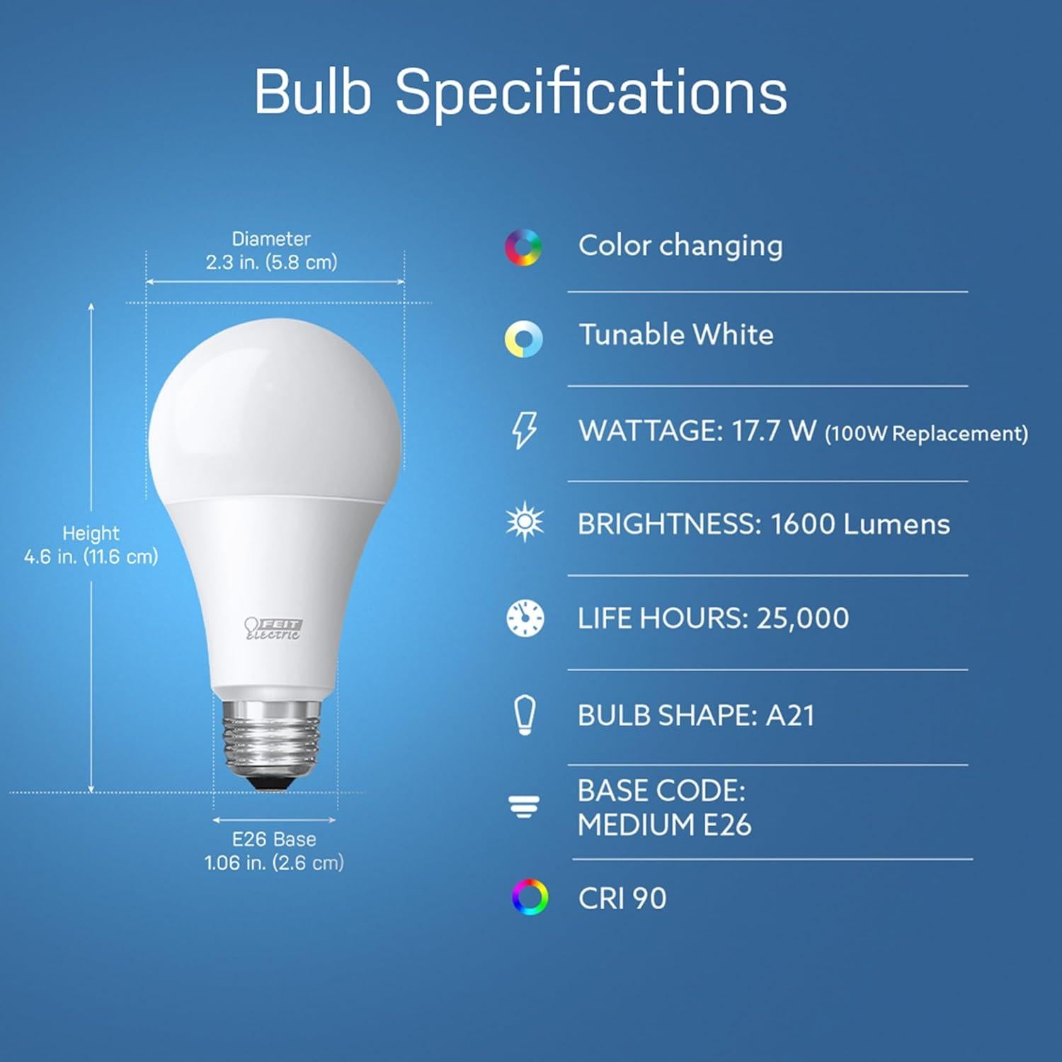 Feit Electric Smart Bulb, 100W Equivalent Color Changing and Tunable White, 2.4Ghz Wifi light bulb, No Hub Needed, Works with Alexa and Google Assistant, High CRI Dimmable LED OM100/RGBW/CA/AG, 1 Pack