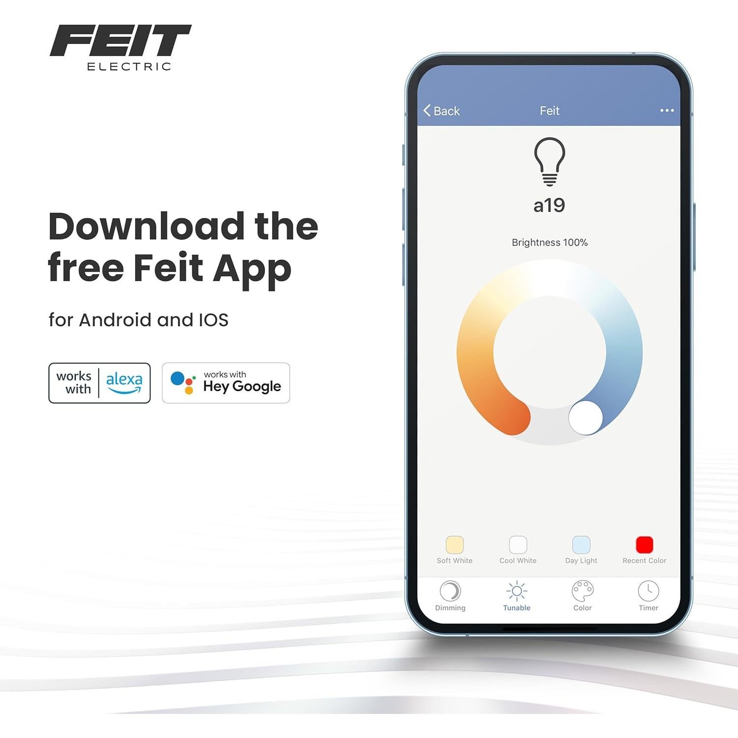 Feit Electric Smart Bulb, 100W Equivalent Color Changing and Tunable White, 2.4Ghz Wifi light bulb, No Hub Needed, Works with Alexa and Google Assistant, High CRI Dimmable LED OM100/RGBW/CA/AG, 1 Pack