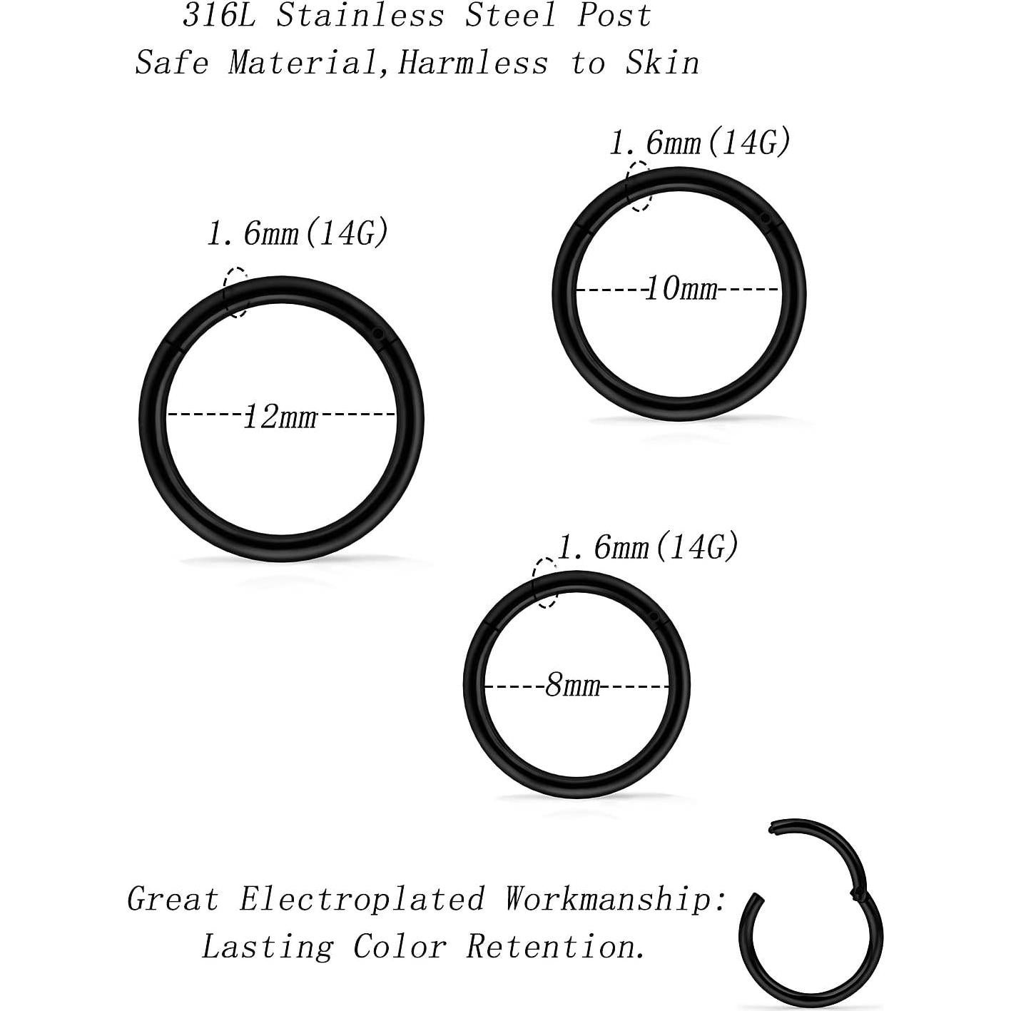 3 Pares Aros Nasales 316L Acero Quirúrgico Negro 14G