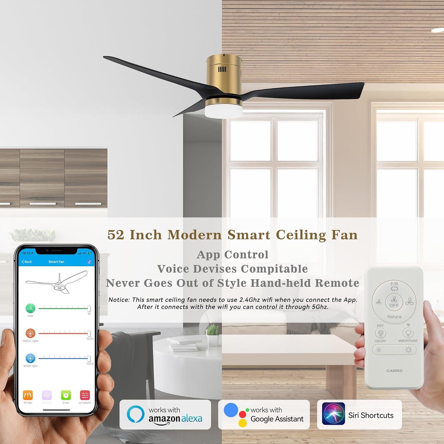 Ventilador de Techo Inteligente SMAAIR 48" Negro/Dorado con Luz LED