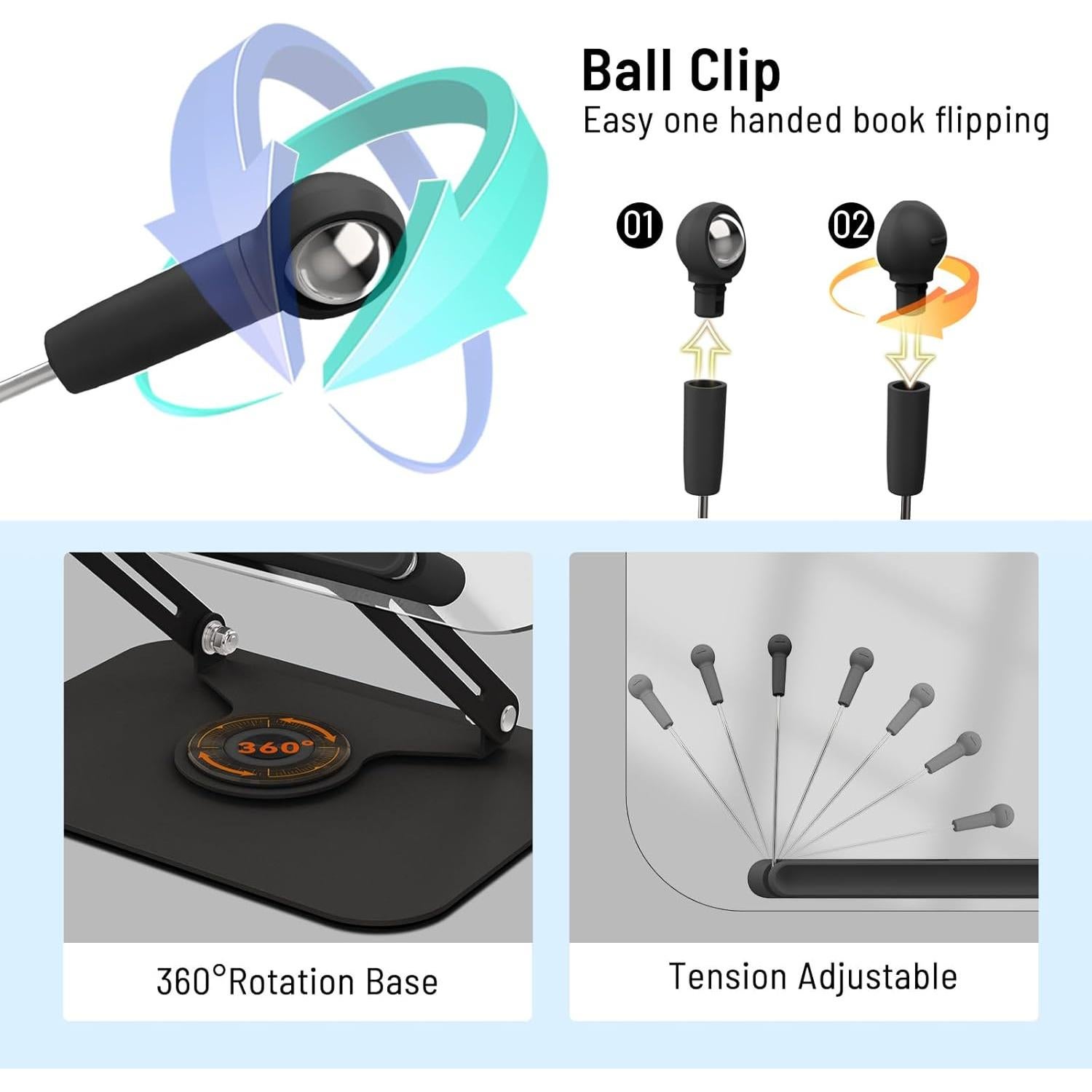 Soporte de Libro Ajustable Aiuca con Rotación 360° y Clips