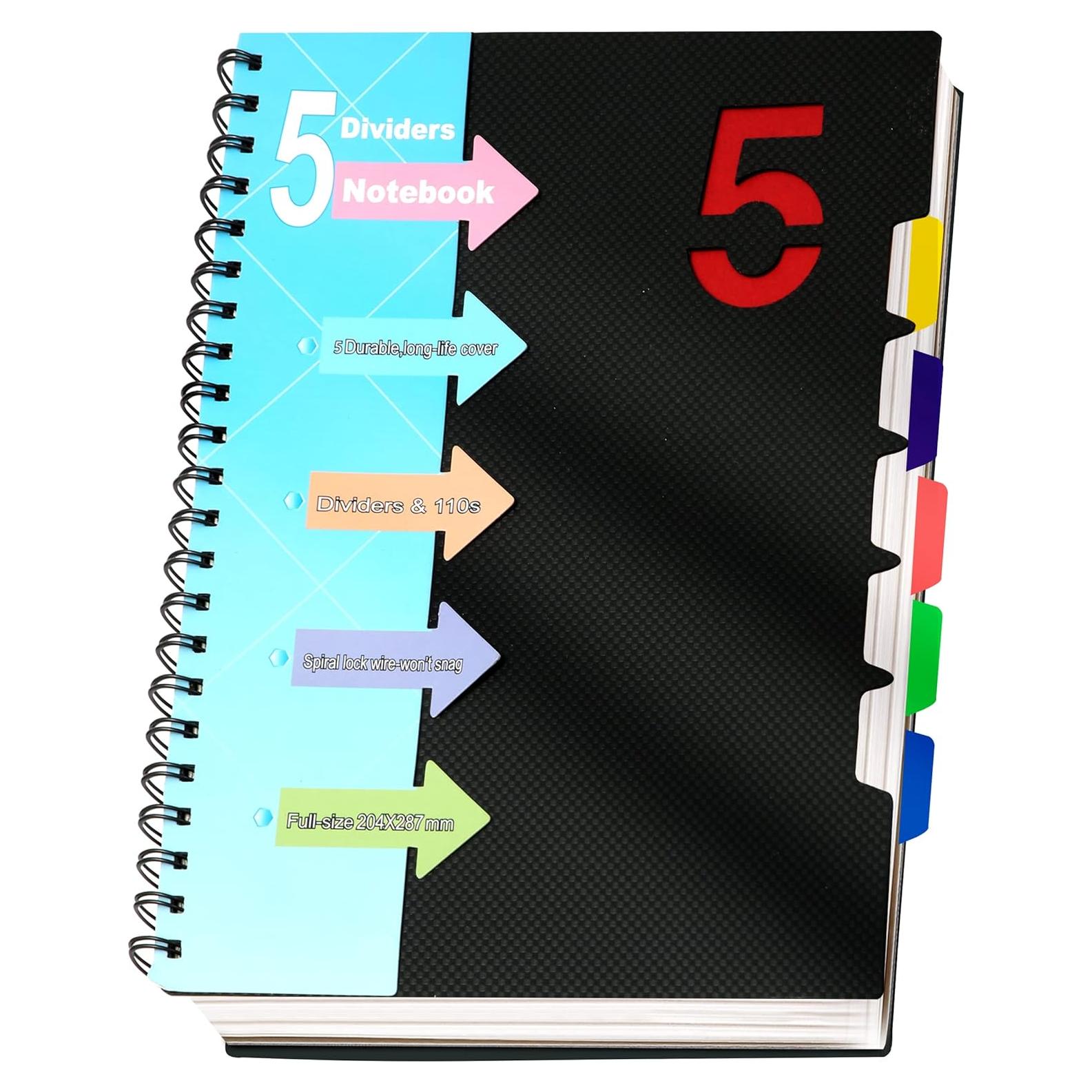 Cuaderno Espiralado CAGIE A4 5 Materias Negro 220 Páginas