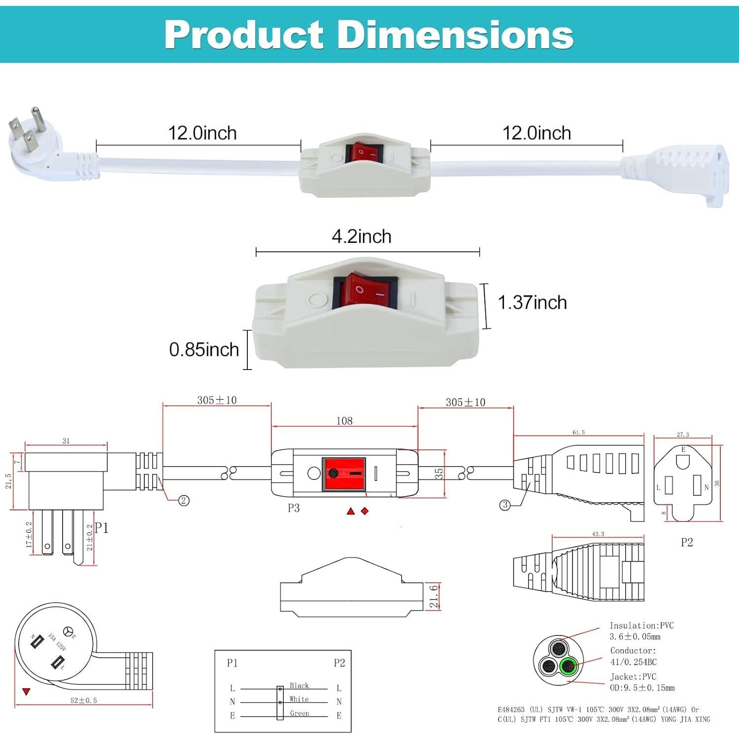 Cable de Extensión Corto 2FT SJTW con Interruptor Blanco 15A