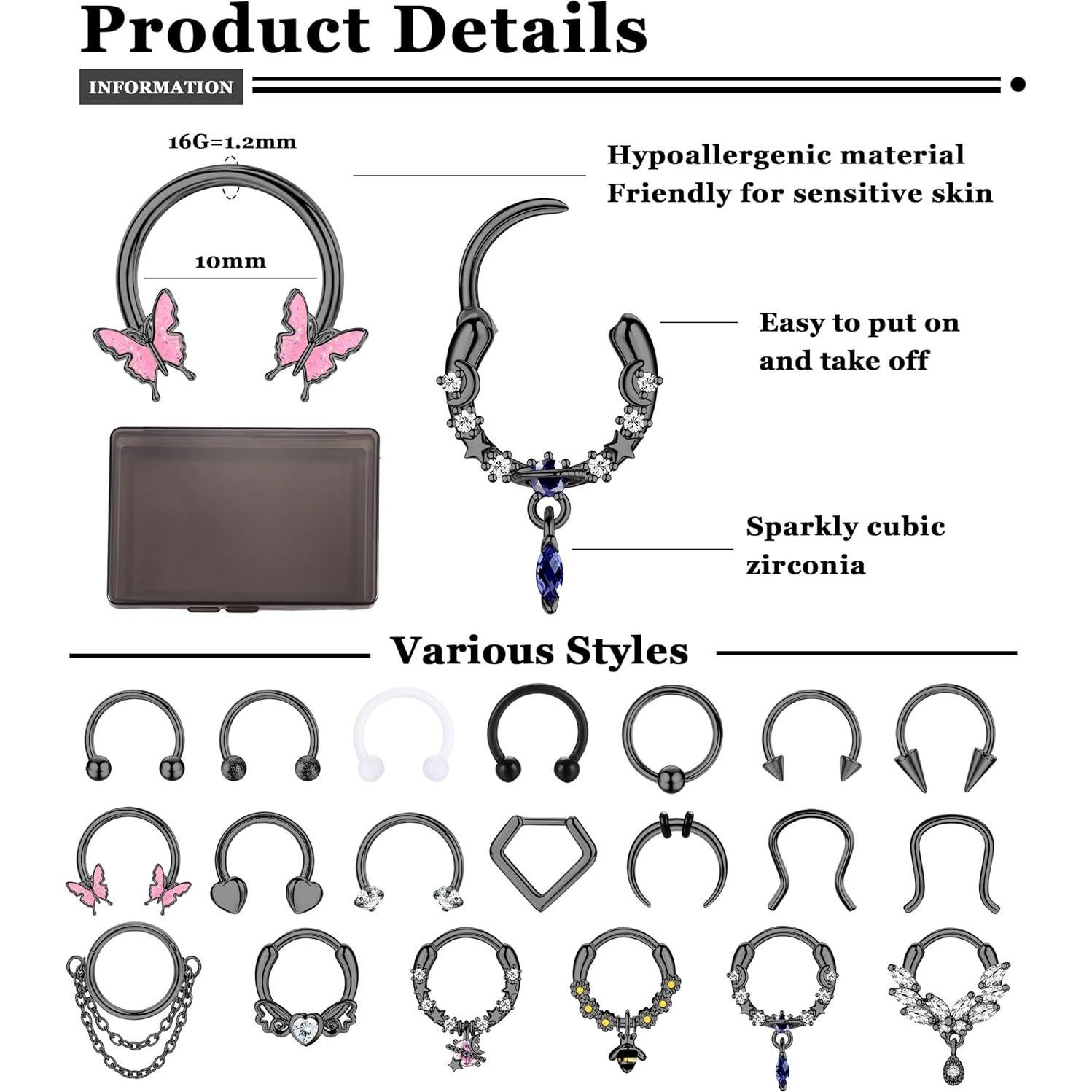 BESTEEL 20 Anillos de Septum Acero Quirúrgico 16G Hipoalergénicos