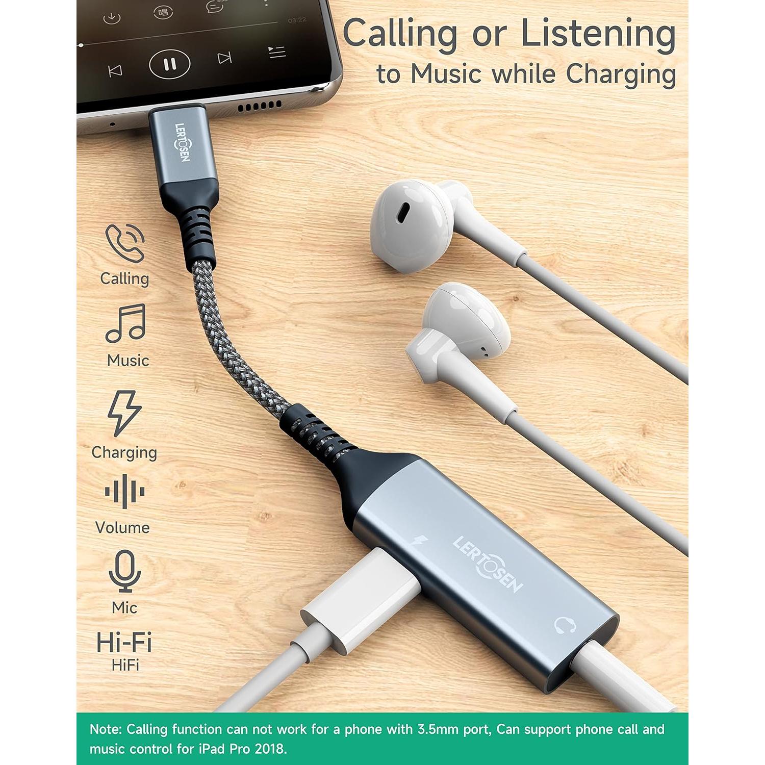 Adaptador USB C a 3.5mm LERTOSEN con Carga Rápida 60W