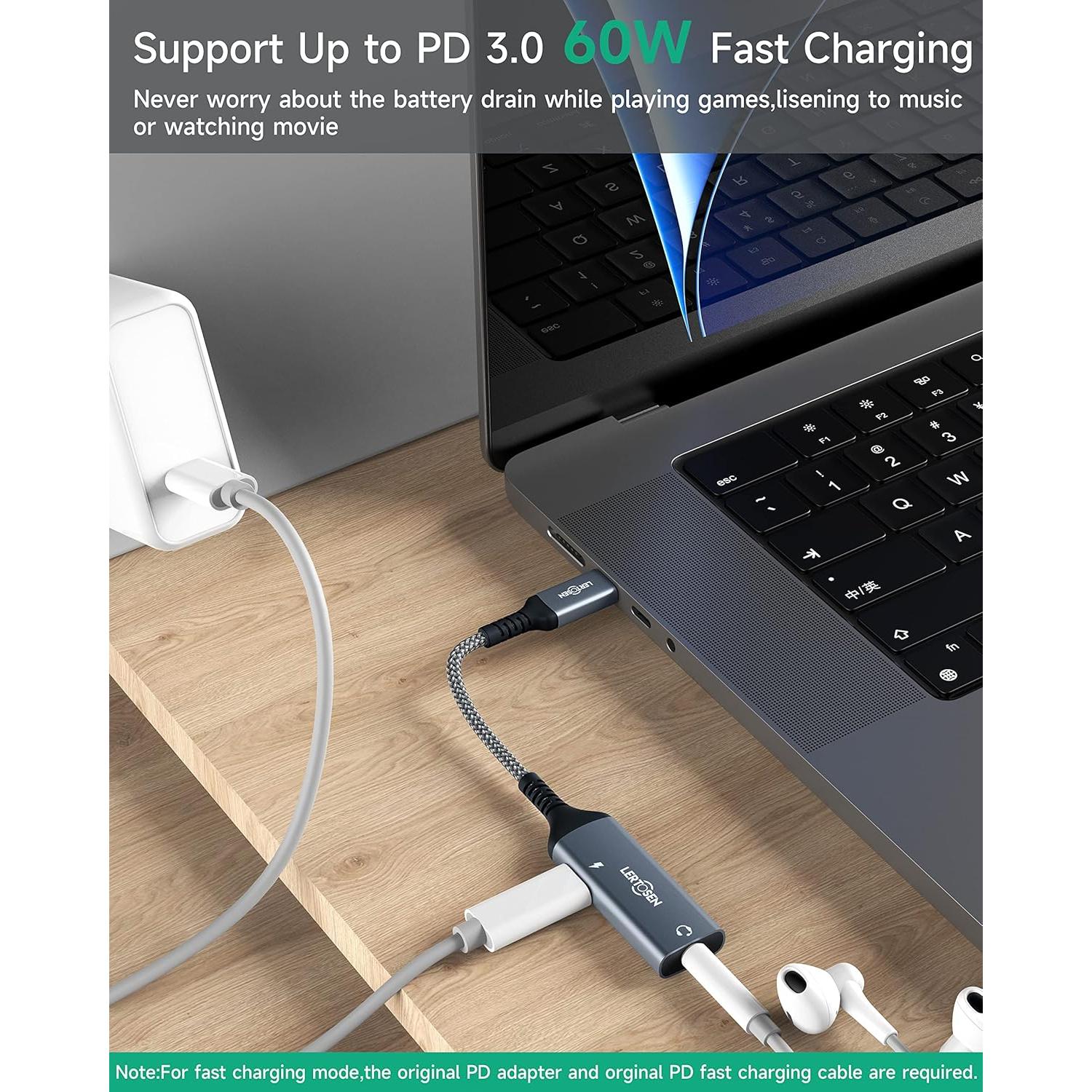 Adaptador USB C a 3.5mm LERTOSEN con Carga Rápida 60W