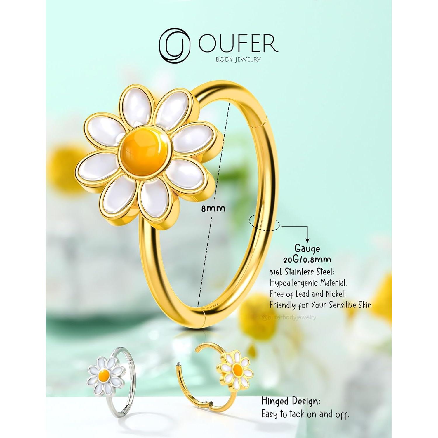 Anillo de Nariz OUFER 20G Oro Diseño Margarita 8mm Acero 316L