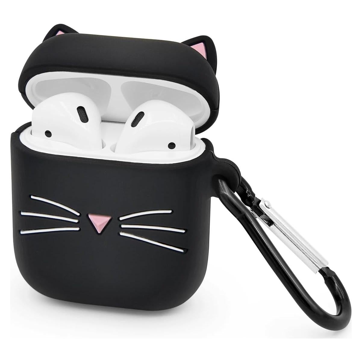 for Airpods Case, Cute Airpods 2 Case, Black Whisker Cat Kitty Kawaii 3D Cartoon Animal Full Protection Shockproof Soft Silicone Charging Cases Cover with Carabiner for Kids Girls Women