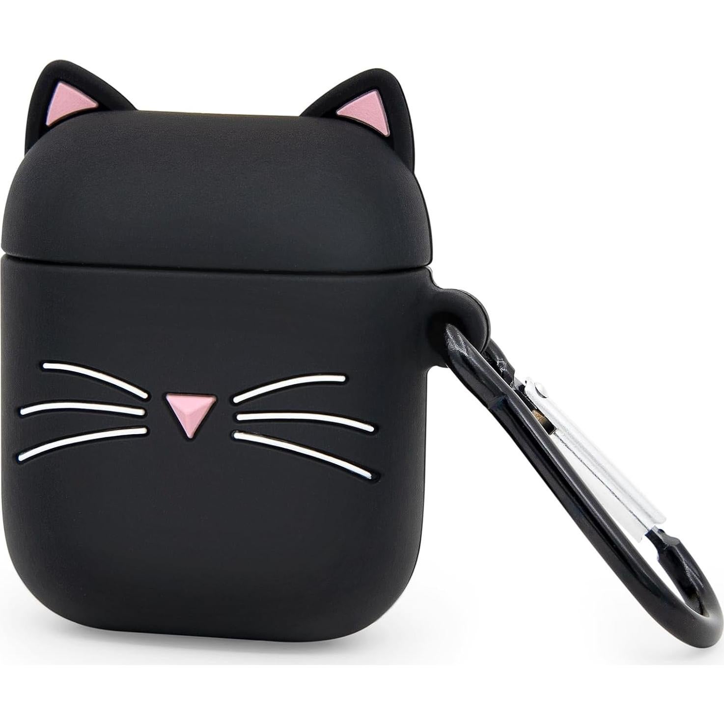 for Airpods Case, Cute Airpods 2 Case, Black Whisker Cat Kitty Kawaii 3D Cartoon Animal Full Protection Shockproof Soft Silicone Charging Cases Cover with Carabiner for Kids Girls Women