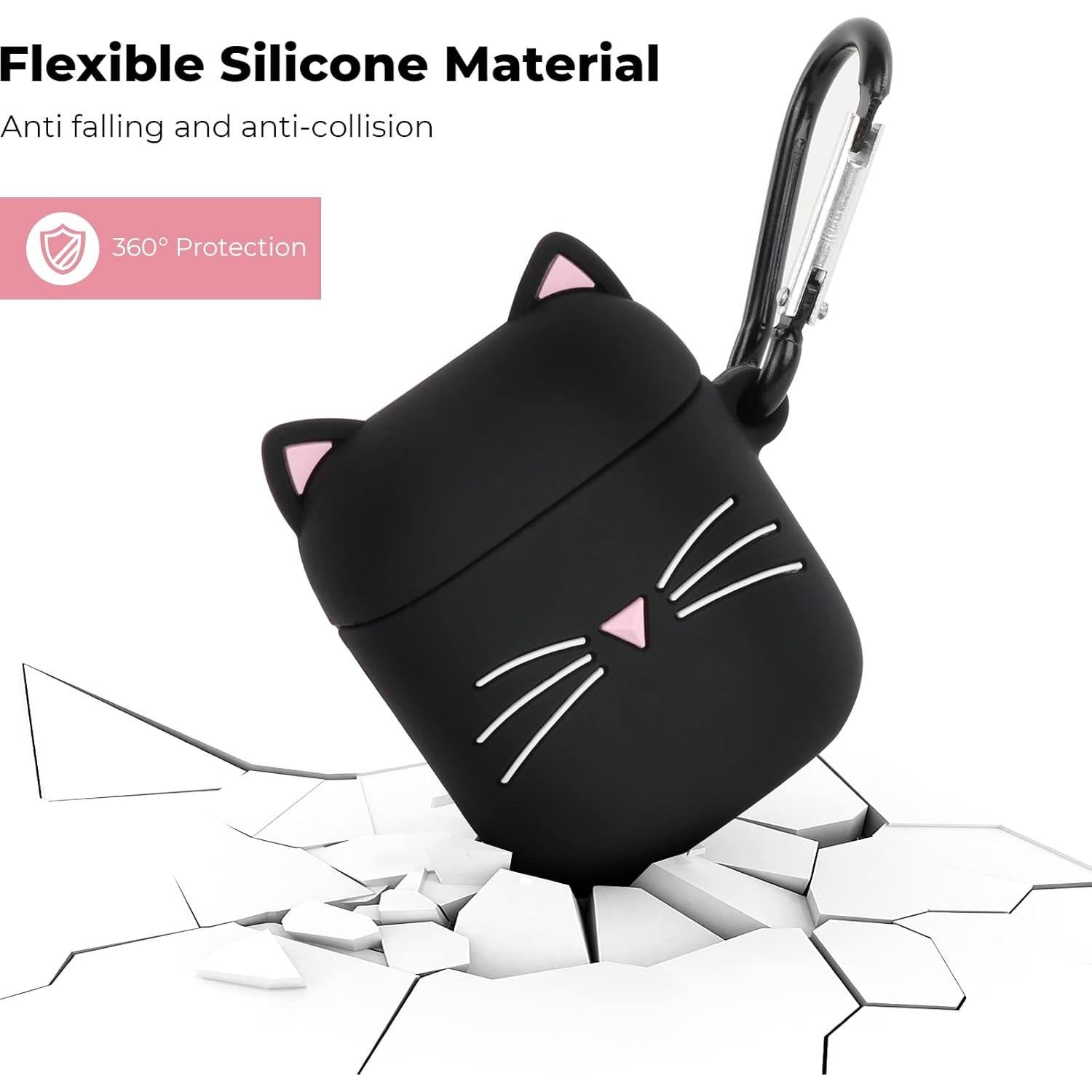 for Airpods Case, Cute Airpods 2 Case, Black Whisker Cat Kitty Kawaii 3D Cartoon Animal Full Protection Shockproof Soft Silicone Charging Cases Cover with Carabiner for Kids Girls Women