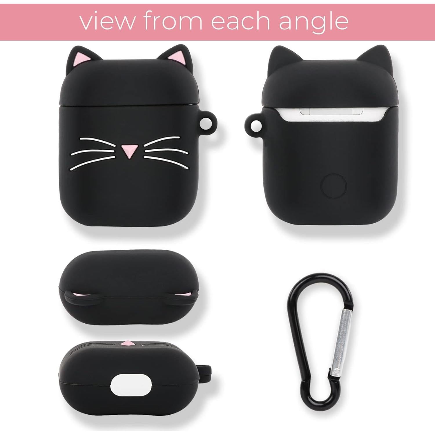 for Airpods Case, Cute Airpods 2 Case, Black Whisker Cat Kitty Kawaii 3D Cartoon Animal Full Protection Shockproof Soft Silicone Charging Cases Cover with Carabiner for Kids Girls Women