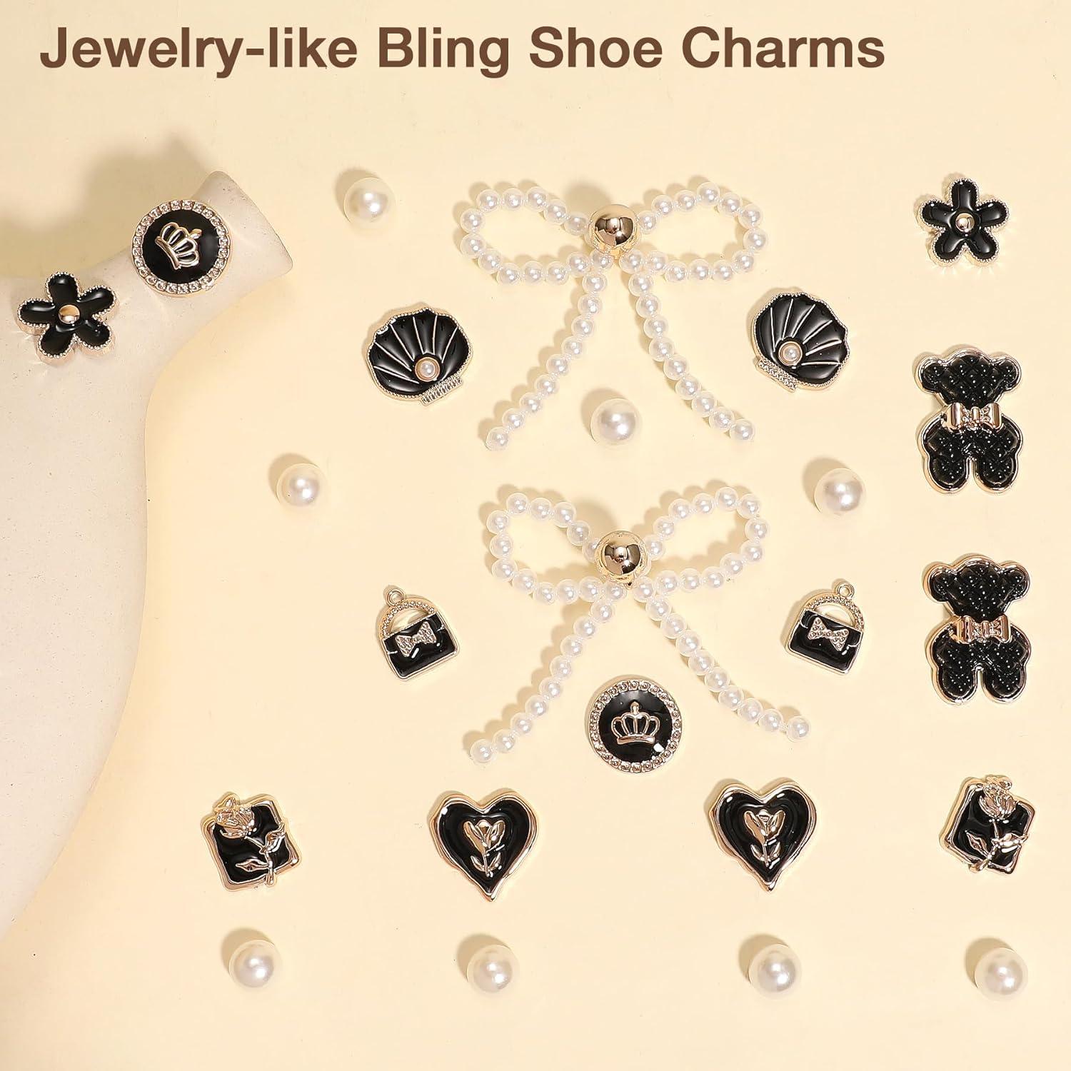 24 Piezas Encantos de Zapatos con Lazo de Perlas Brillantes