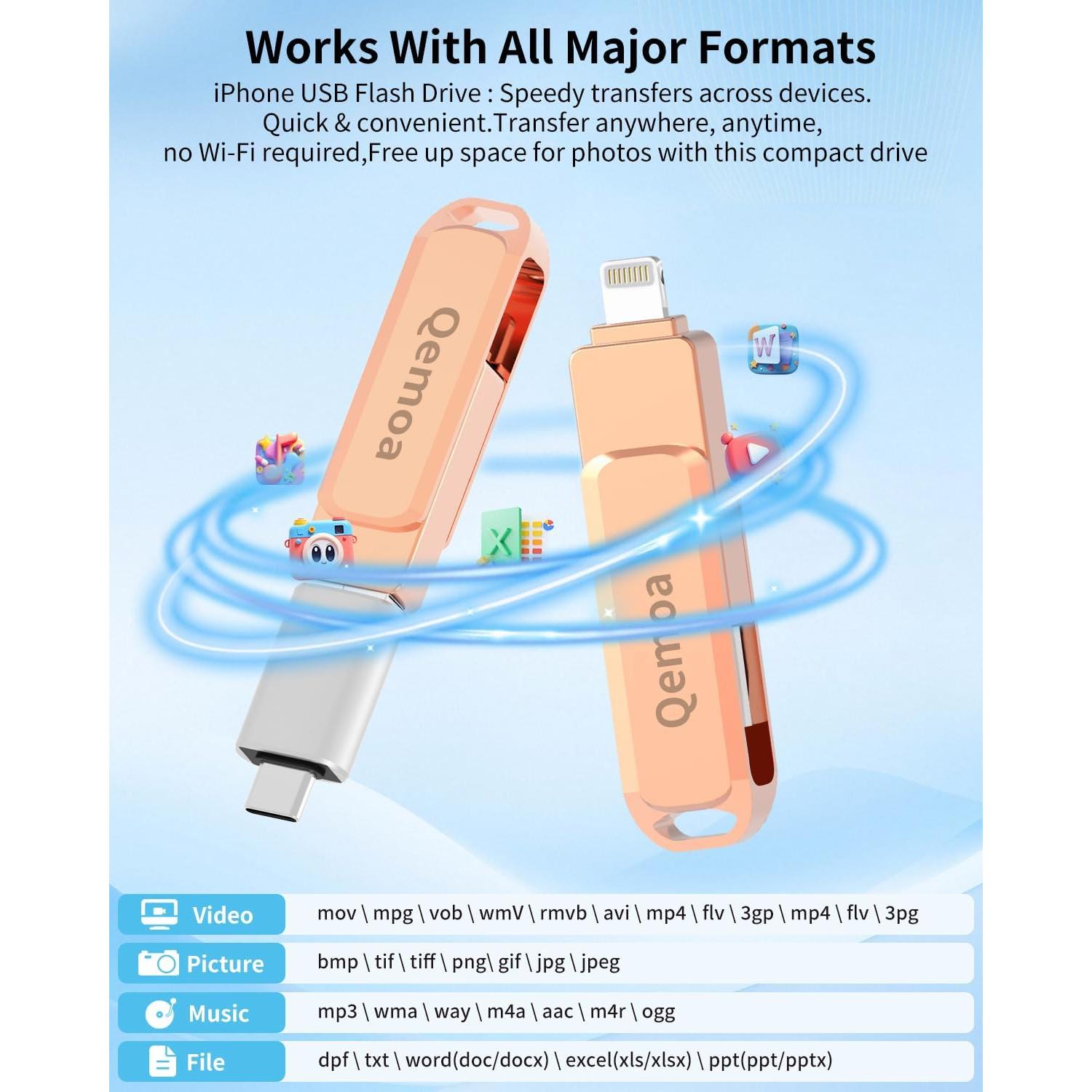 Unidad Flash USB 64GB Qemoa Rosa MFi para iPhone/iPad/Android