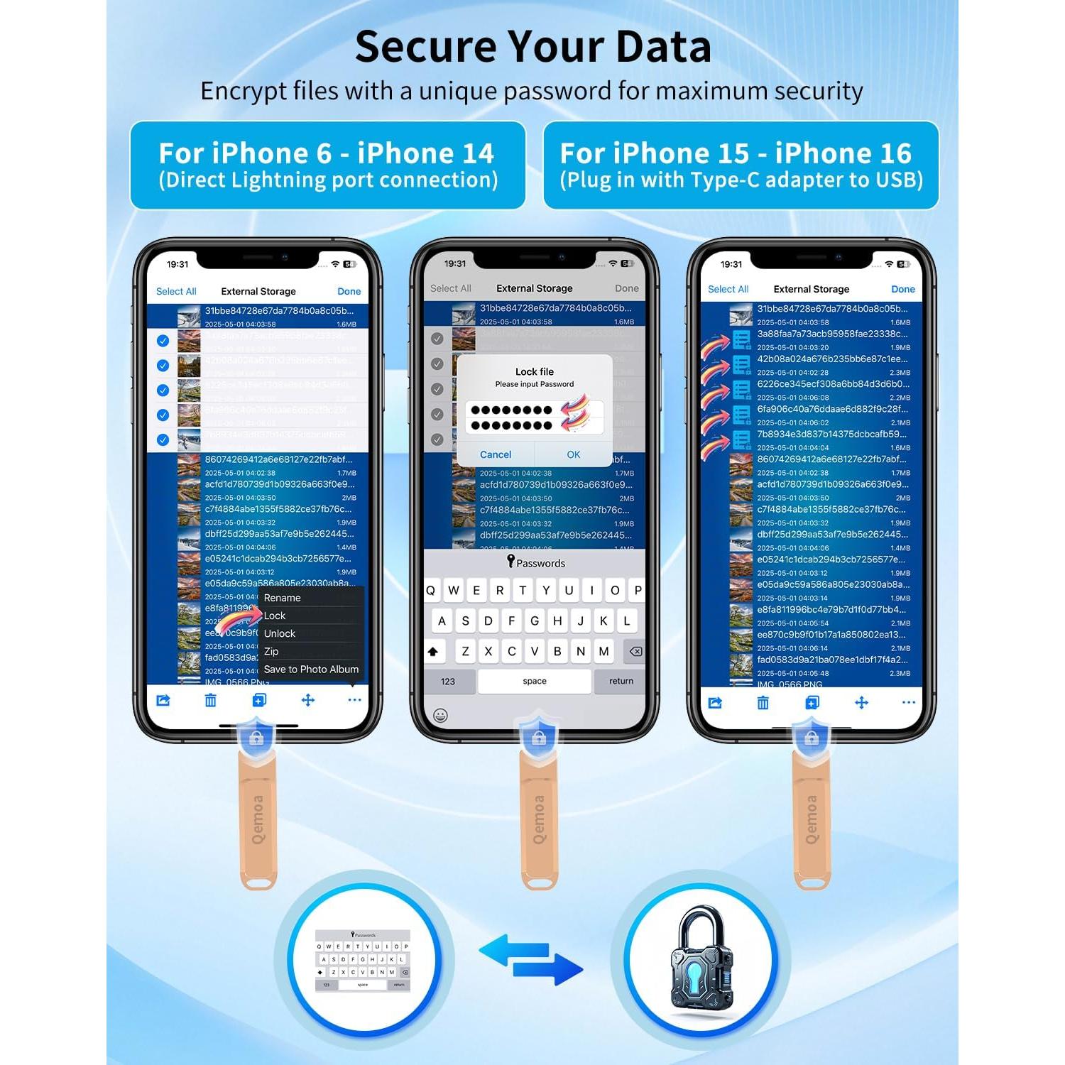 Unidad Flash USB 64GB Qemoa Rosa MFi para iPhone/iPad/Android