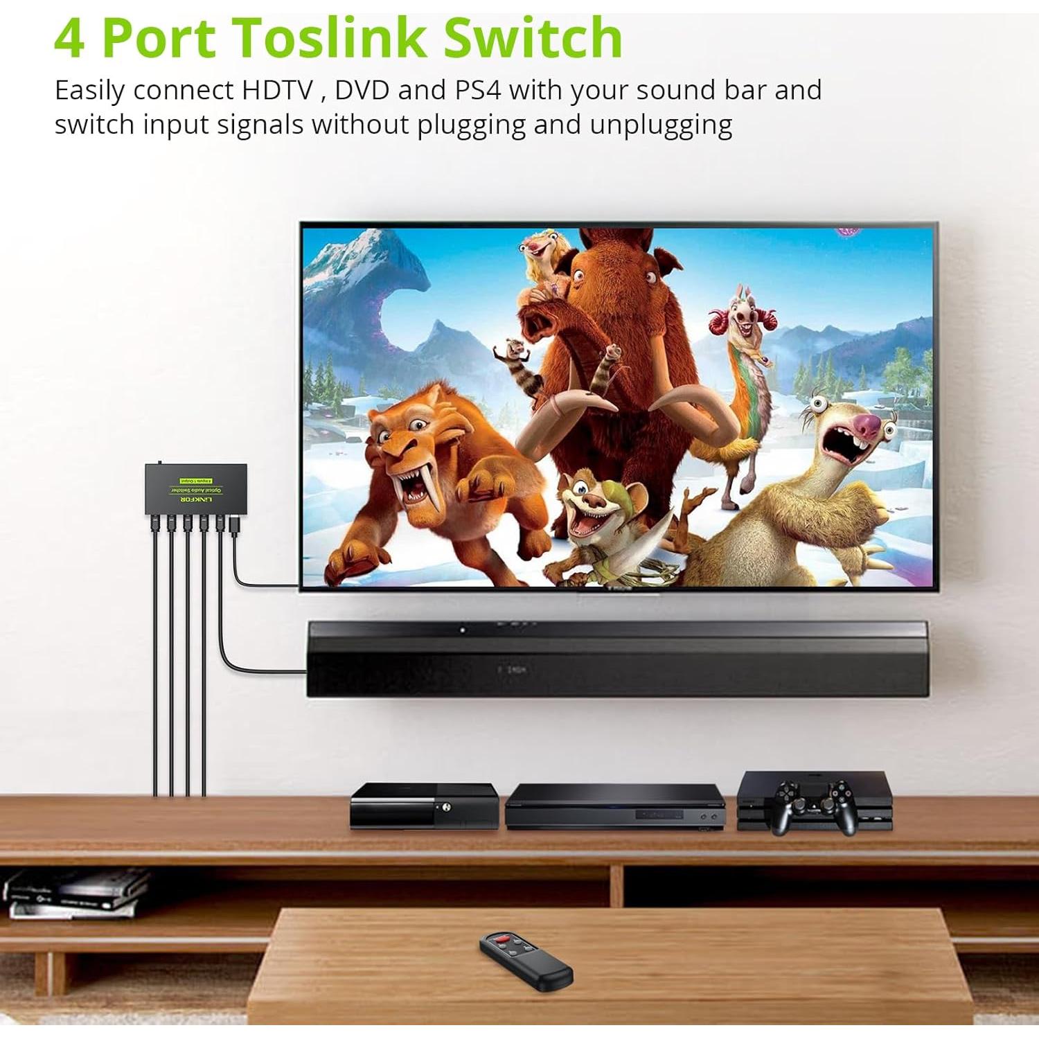 Interruptor Óptico Digital 4x1 LiNKFOR con Control Remoto