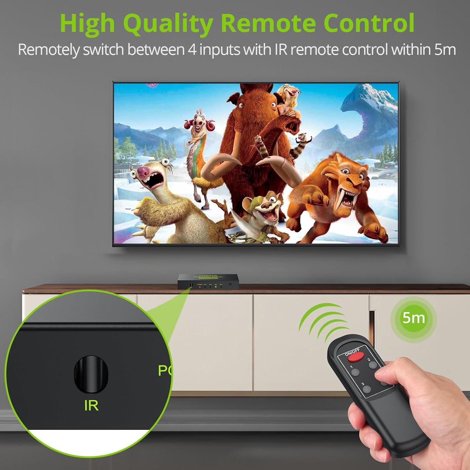 Interruptor Óptico Digital 4x1 LiNKFOR con Control Remoto