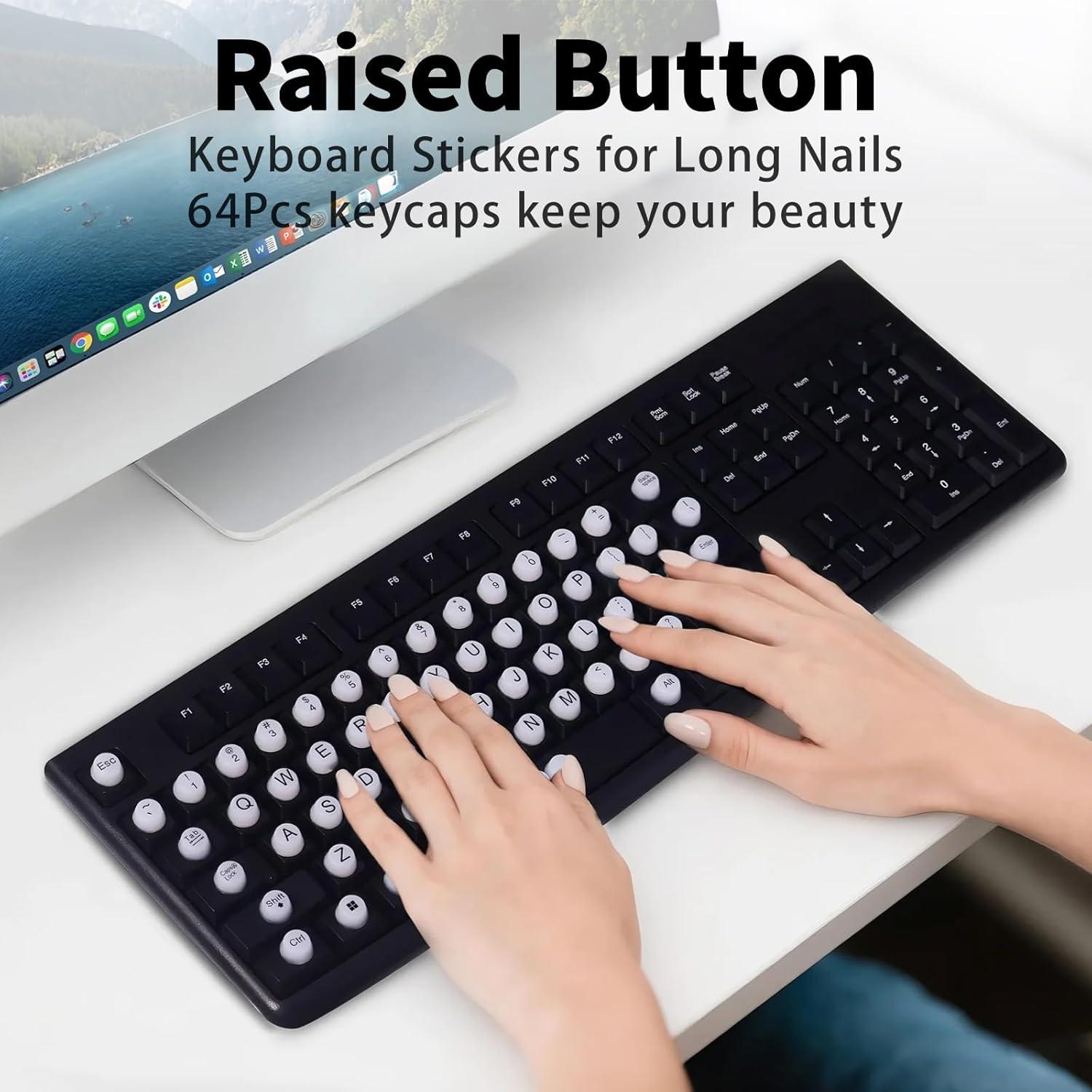 Raised Keyboard Stickers for Long Nails with Letters, Soft Silicone Keyboard Bubbles for Women, Nail Art Typing Keycaps for Desktops (White, 64pcs)