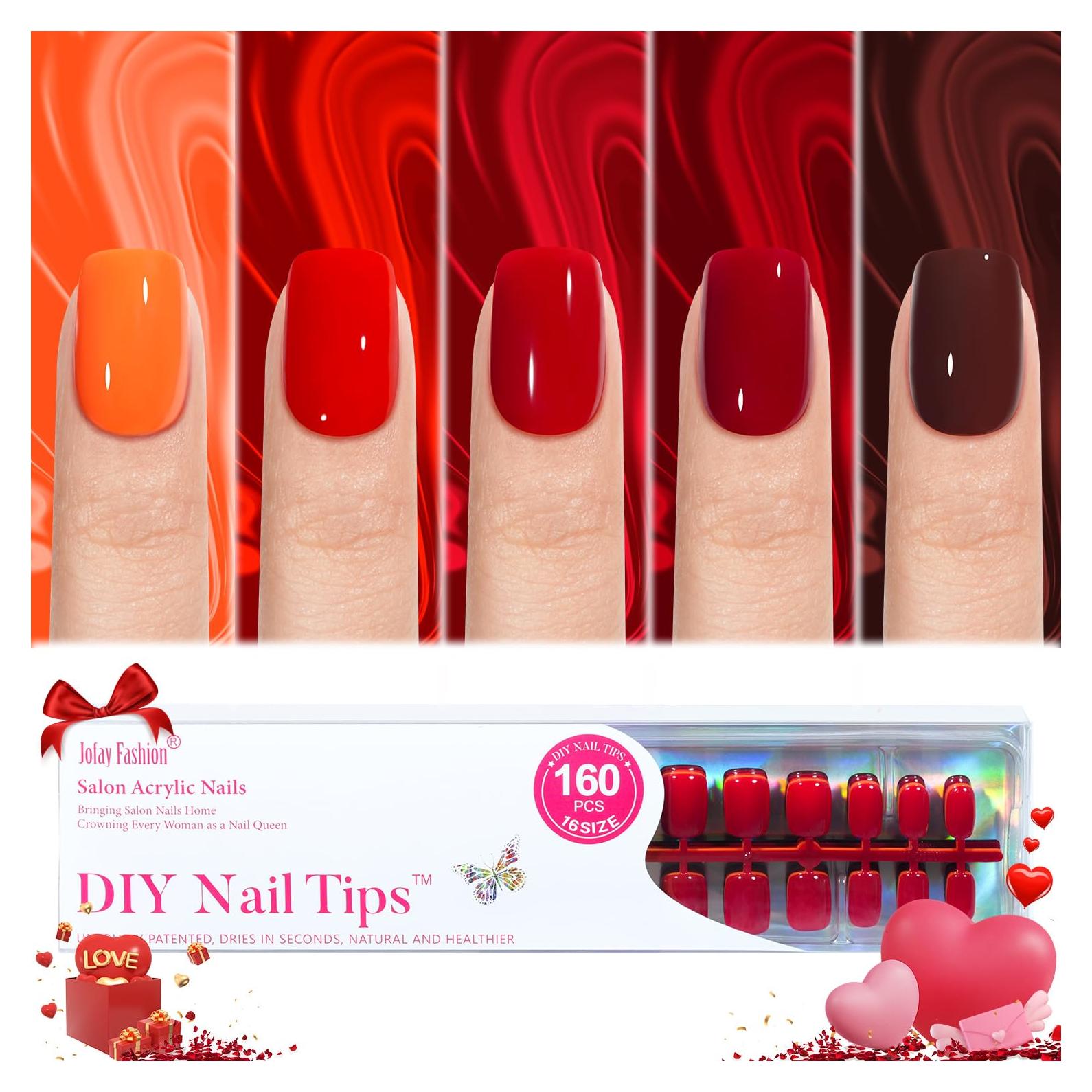 Kit de Uñas Postizas Cortas Rojas Jofay Fashion - 160 Piezas