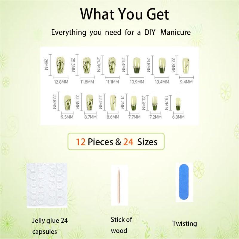 Uñas Postizas Cuadradas HUIYUNTIAN Bambú Verde 40 Piezas