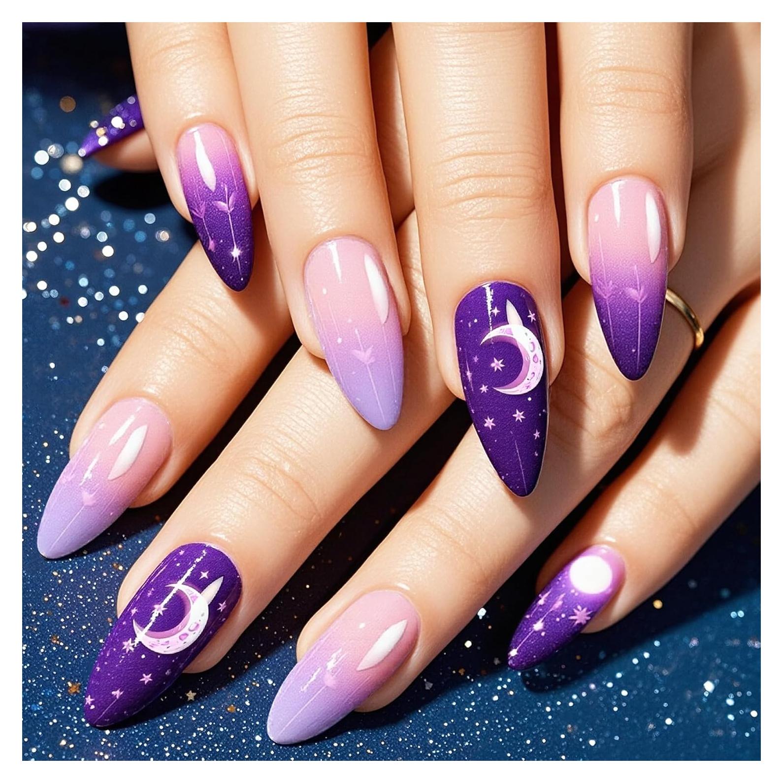 Uñas Postizas Almendra NGMATY Luna Estrella Púrpura 24 Piezas